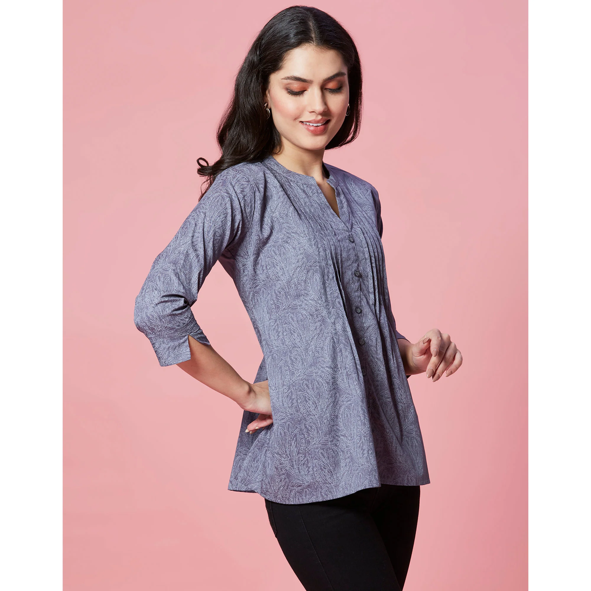 Grey Printed Pure Cotton A-Line Top - Image 5