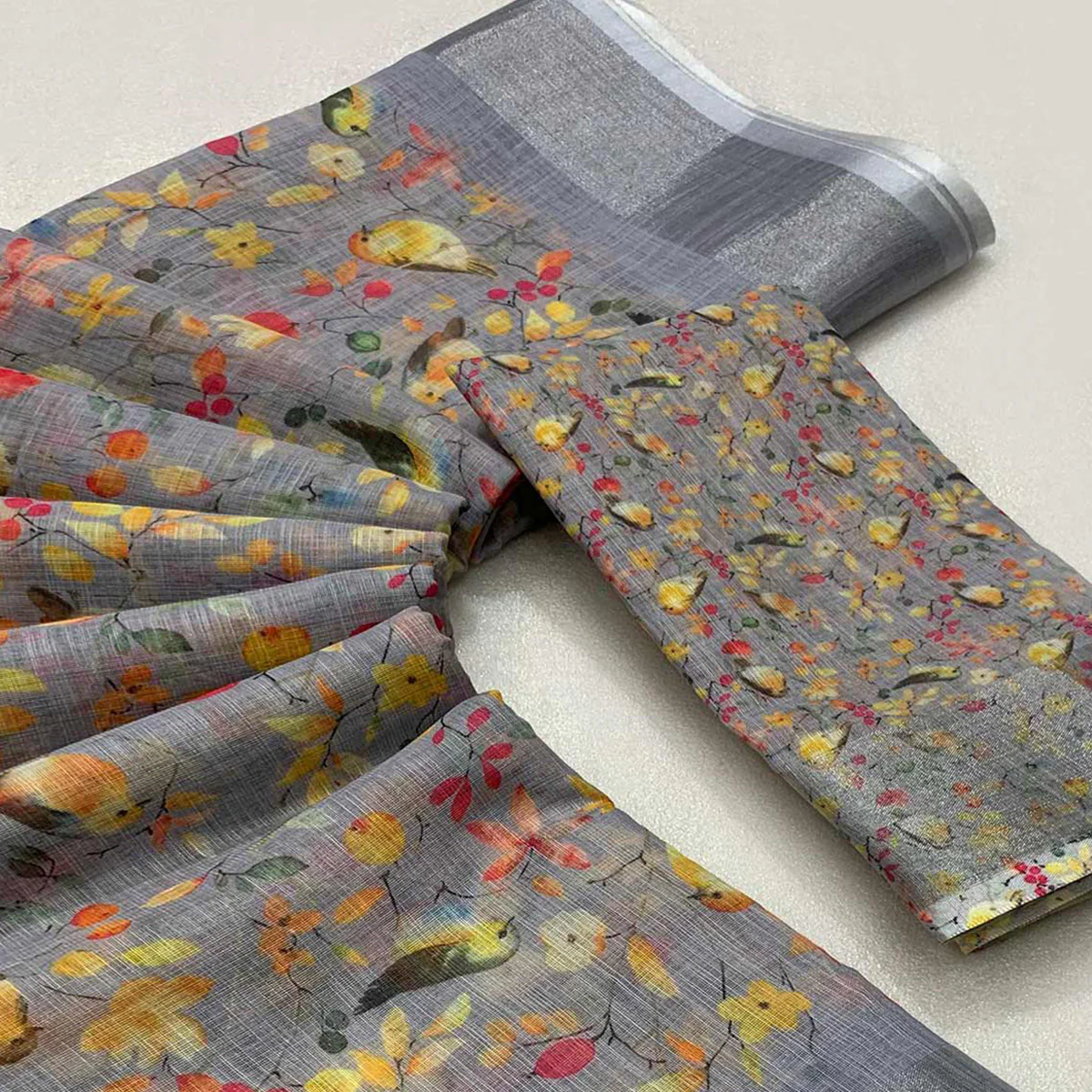 Grey Printed Soft Linen Saree - Image 2