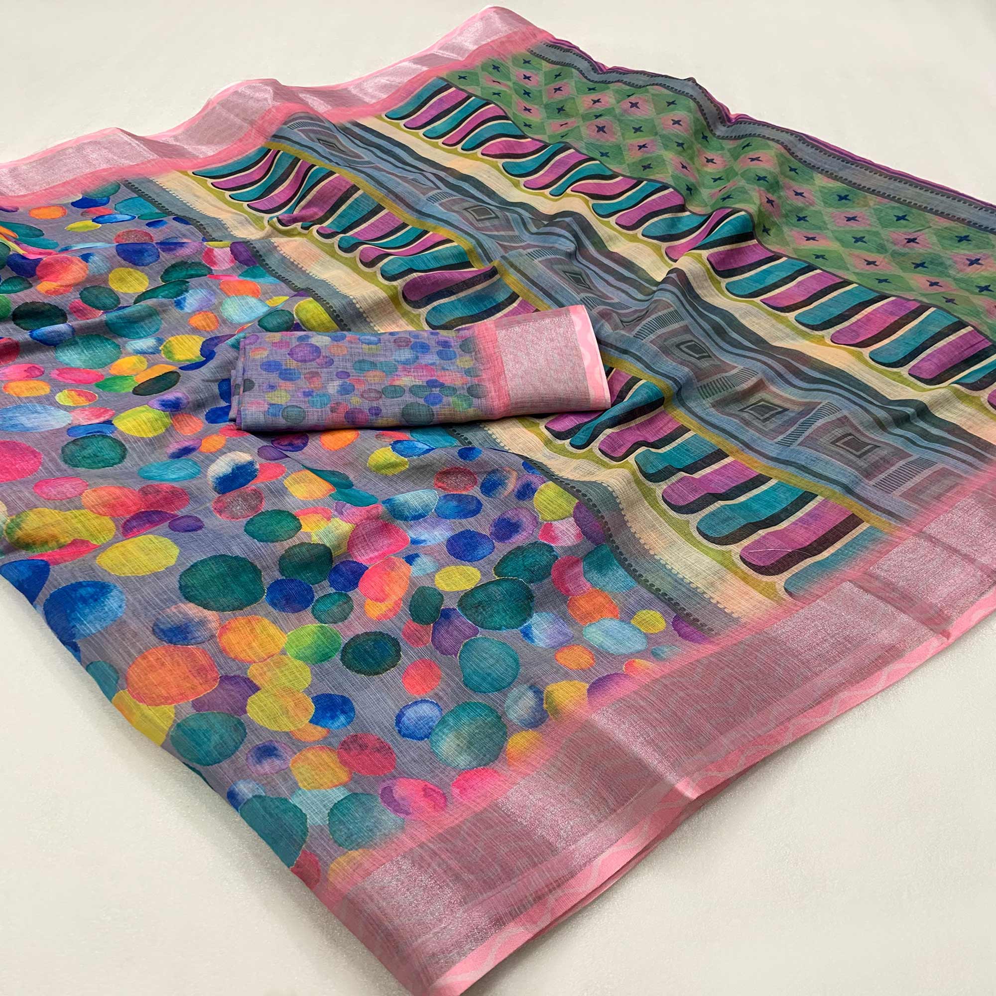 Grey Printed Soft Linen Saree - Image 3