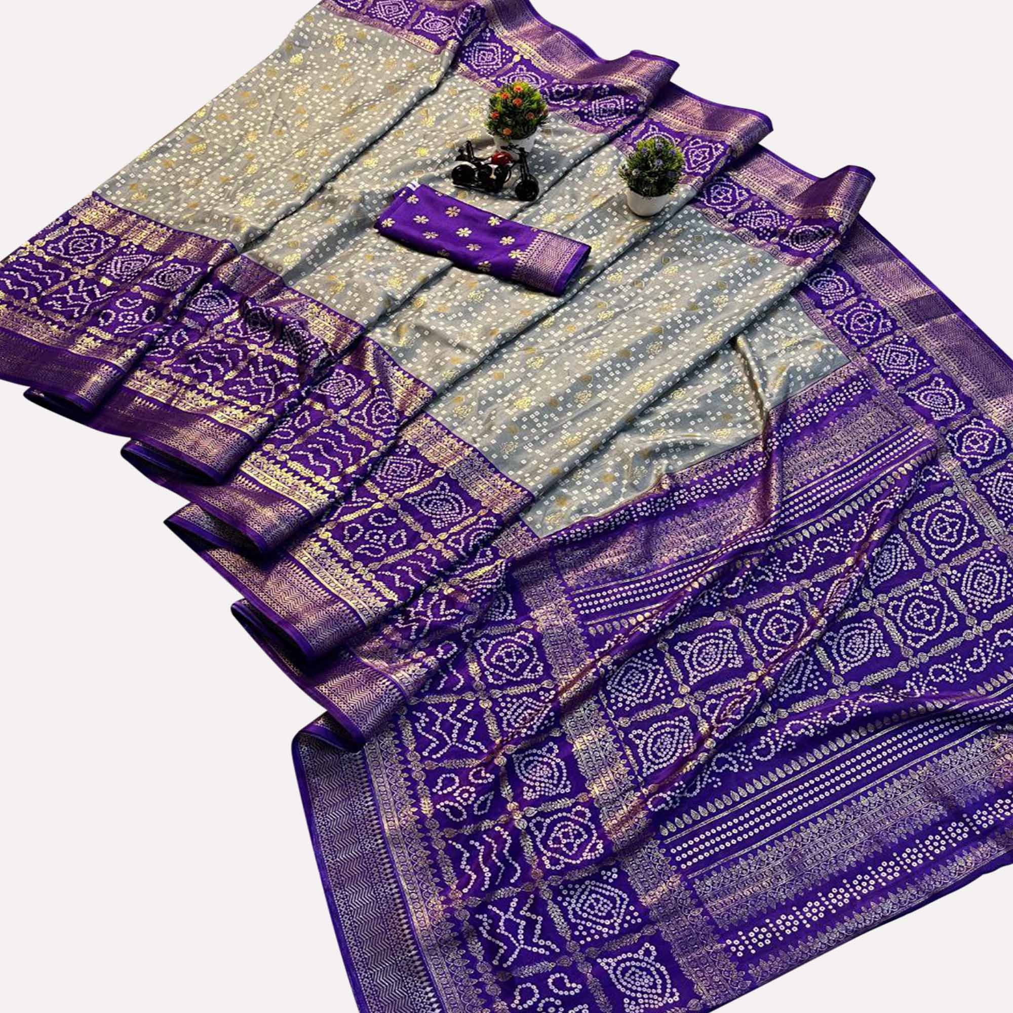 Grey & Purple Dola Silk Saree Featuring Traditional Bandhani Print & Woven Border - Image 3
