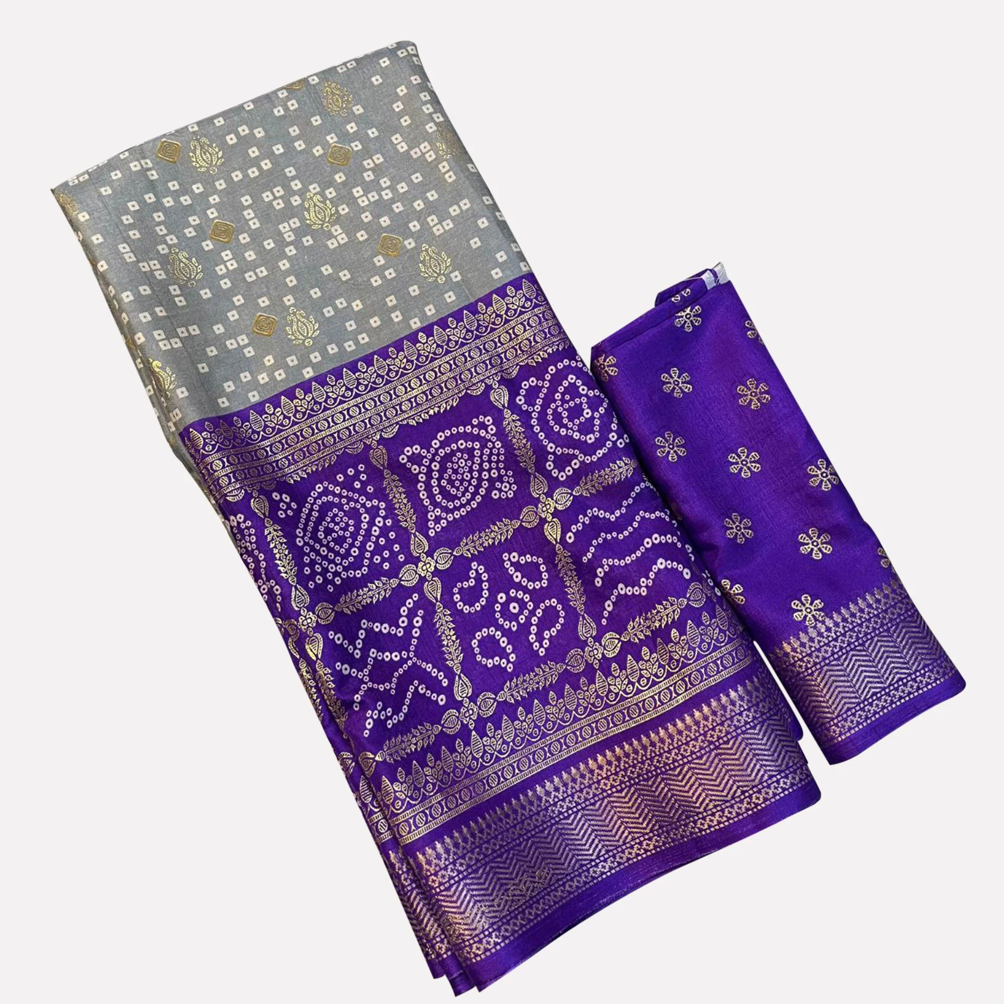 Grey & Purple Dola Silk Saree Featuring Traditional Bandhani Print & Woven Border - Image 6