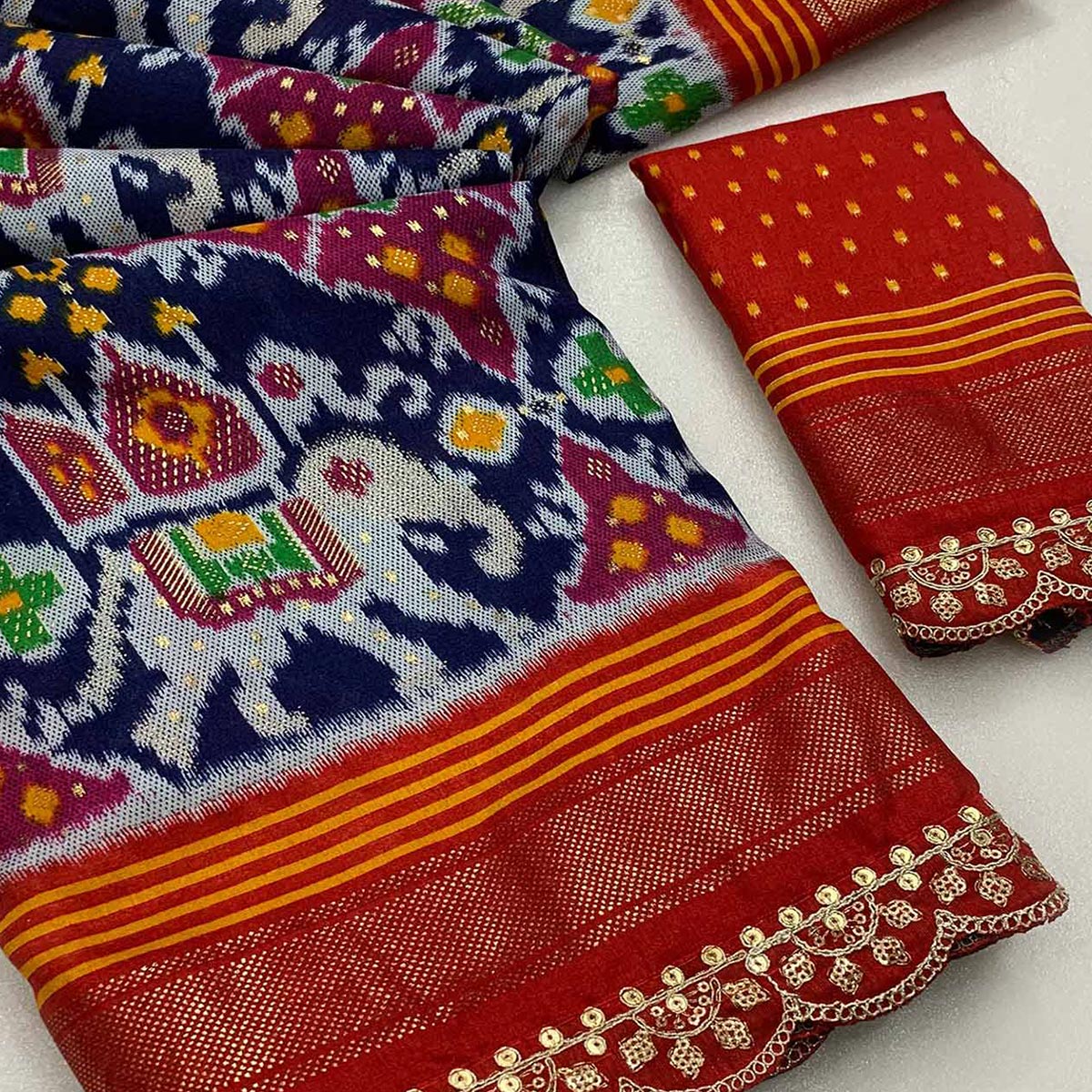 Grey & Red Ikkat Printed Dola Silk Saree With Sequins Embroidery Border - Image 2