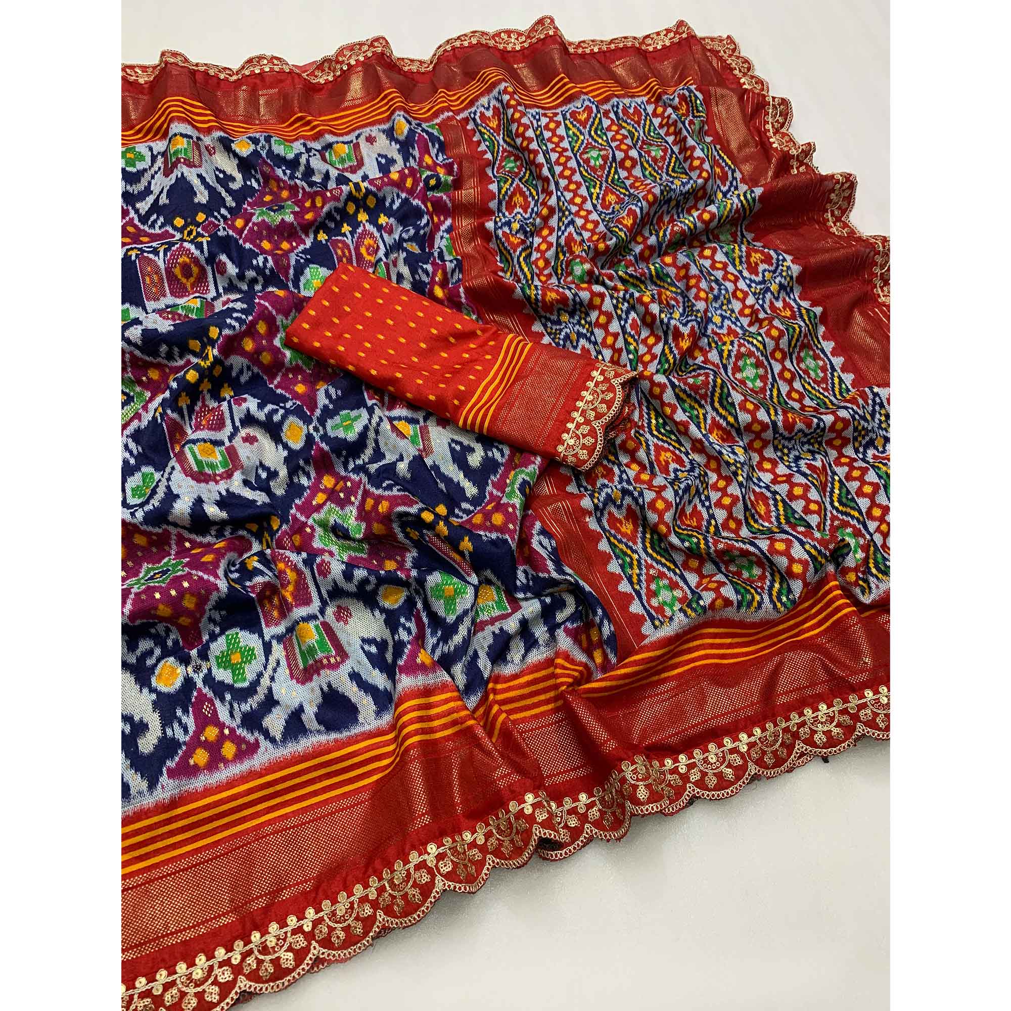 Grey & Red Ikkat Printed Dola Silk Saree With Sequins Embroidery Border - Image 3