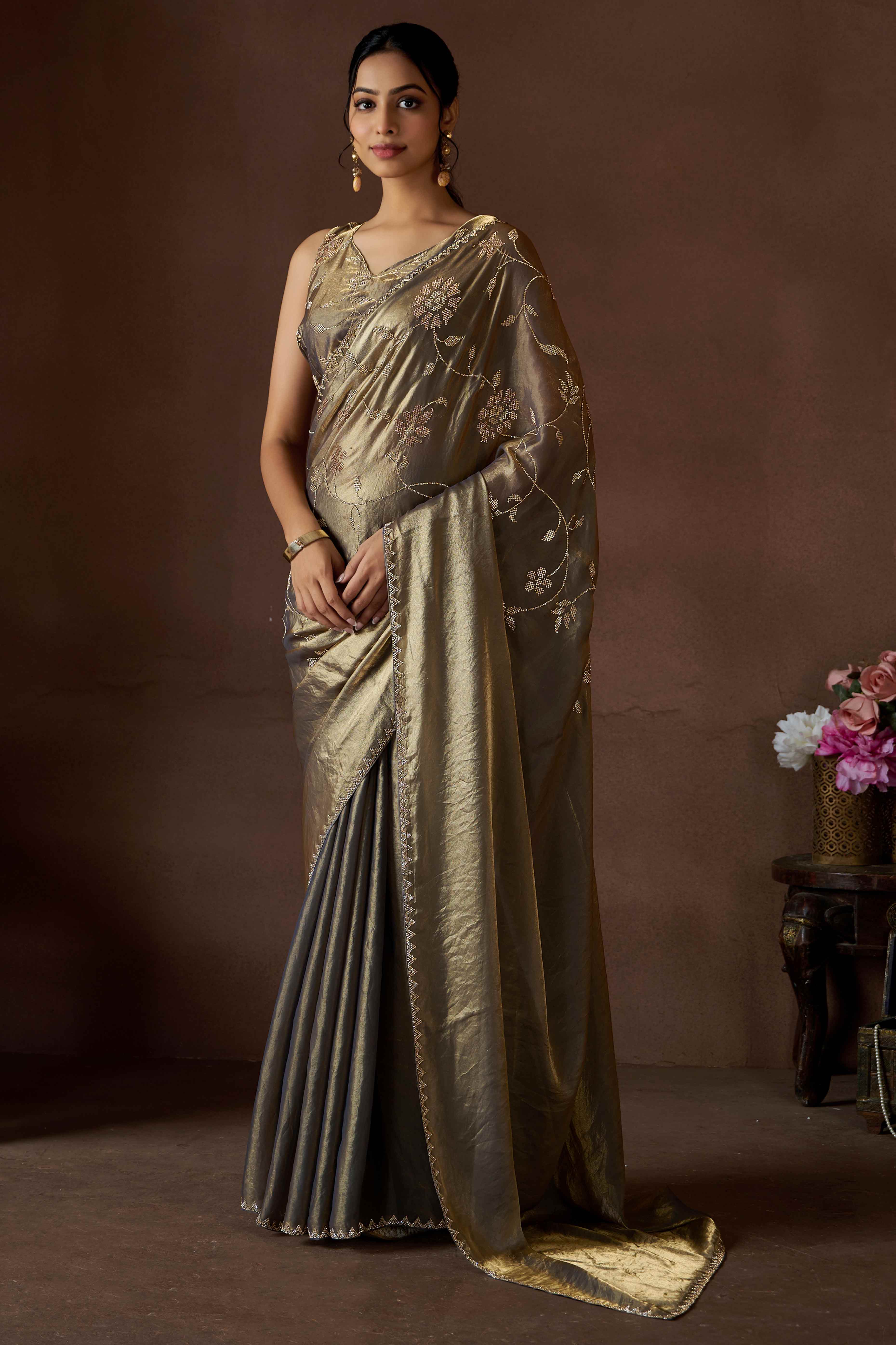Grey Satin Saree with Exquisite Stone Embellishments - Image 3