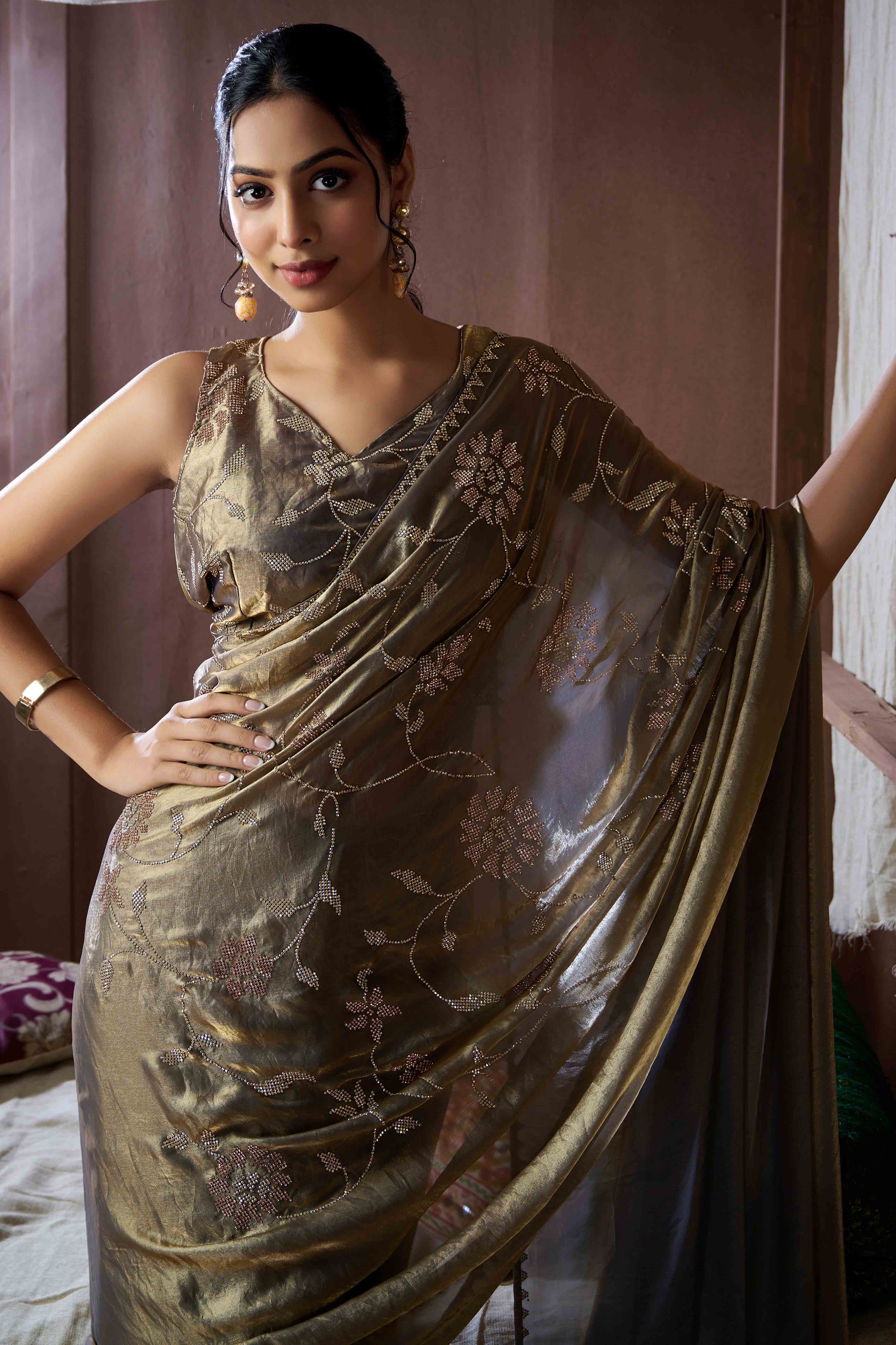 Grey Satin Saree with Exquisite Stone Embellishments - Image 7