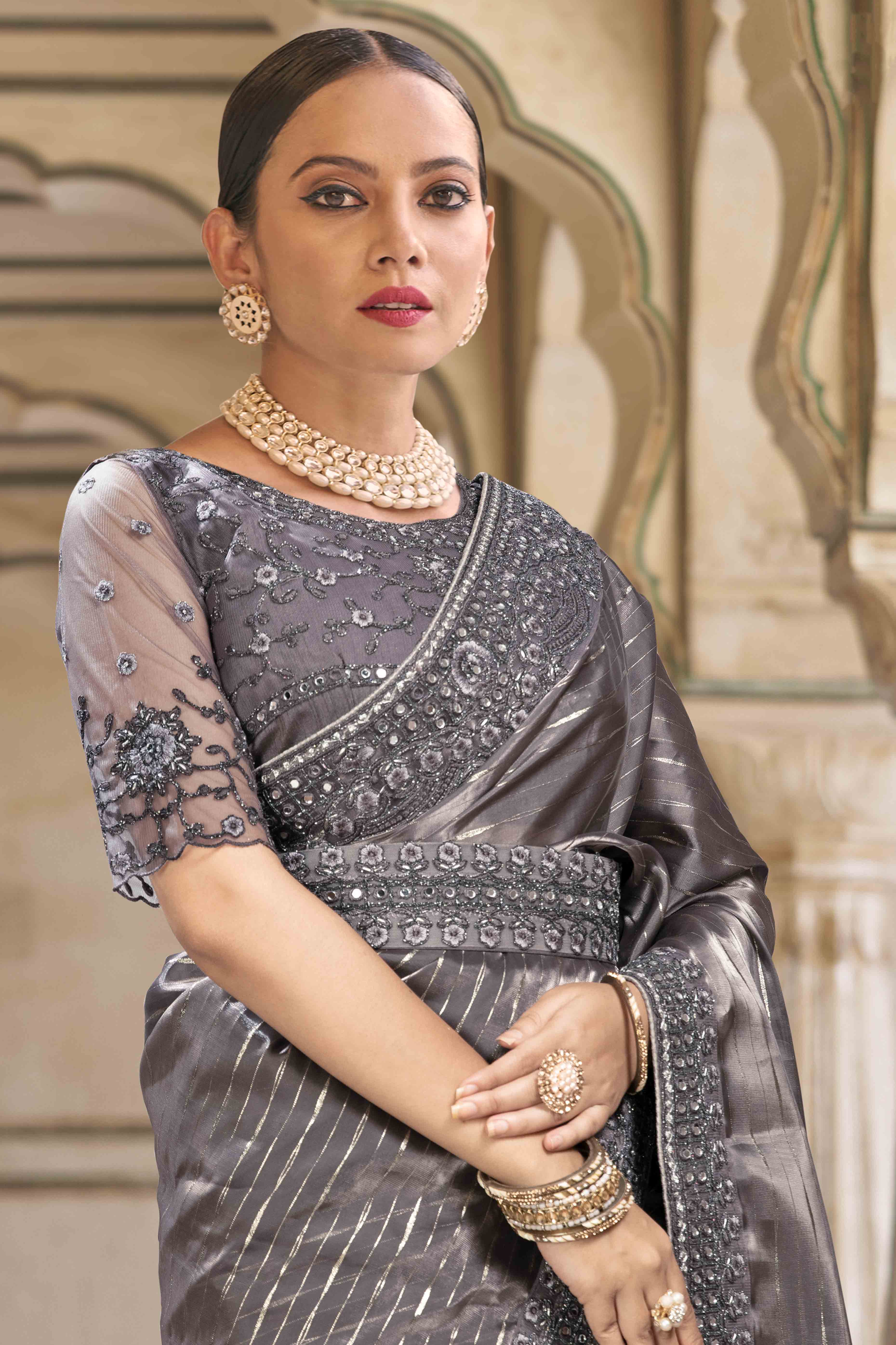 Grey Sequins Embroidered Georgette Saree - Image 3