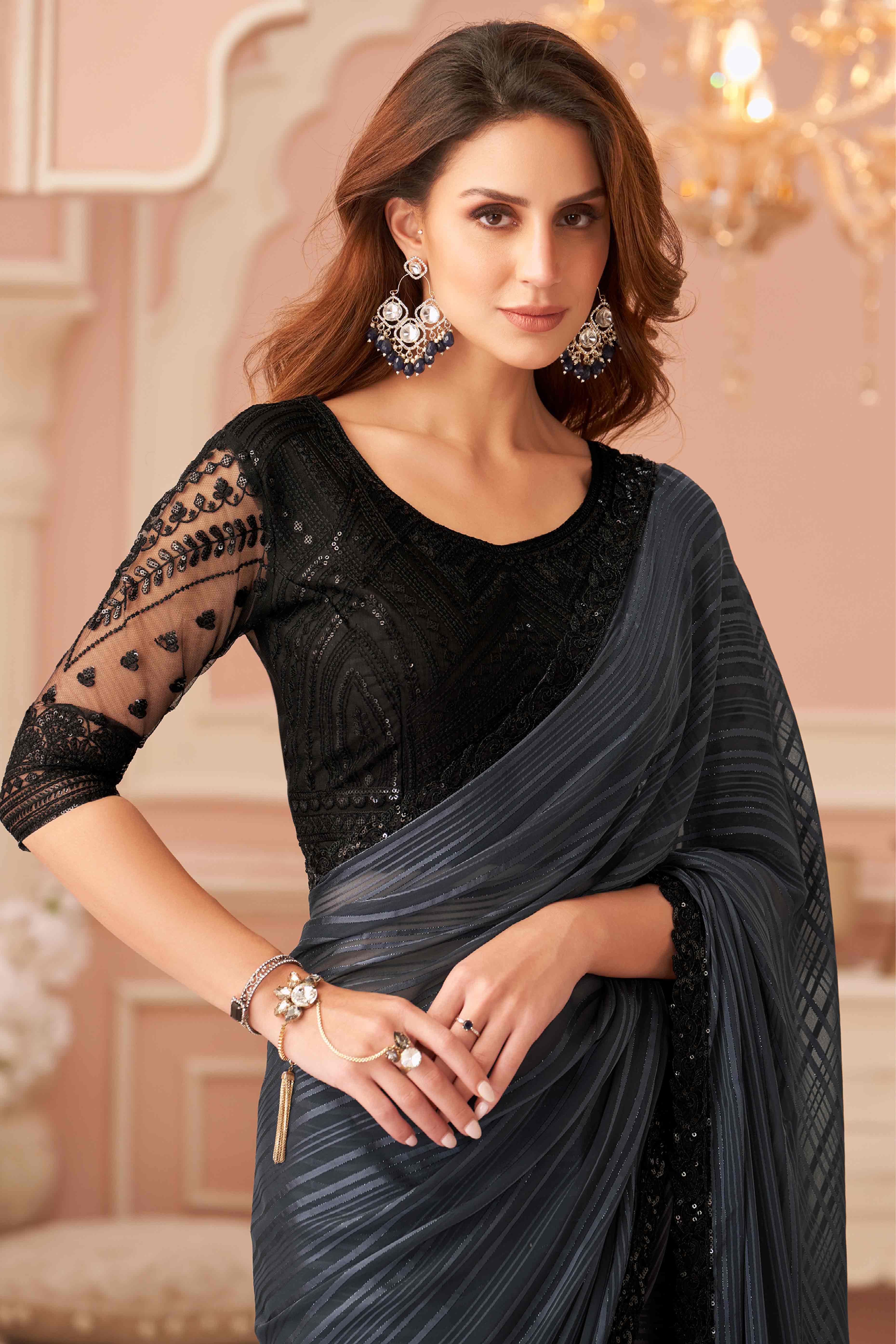Grey Sequins Embroidered Georgette Saree - Image 3