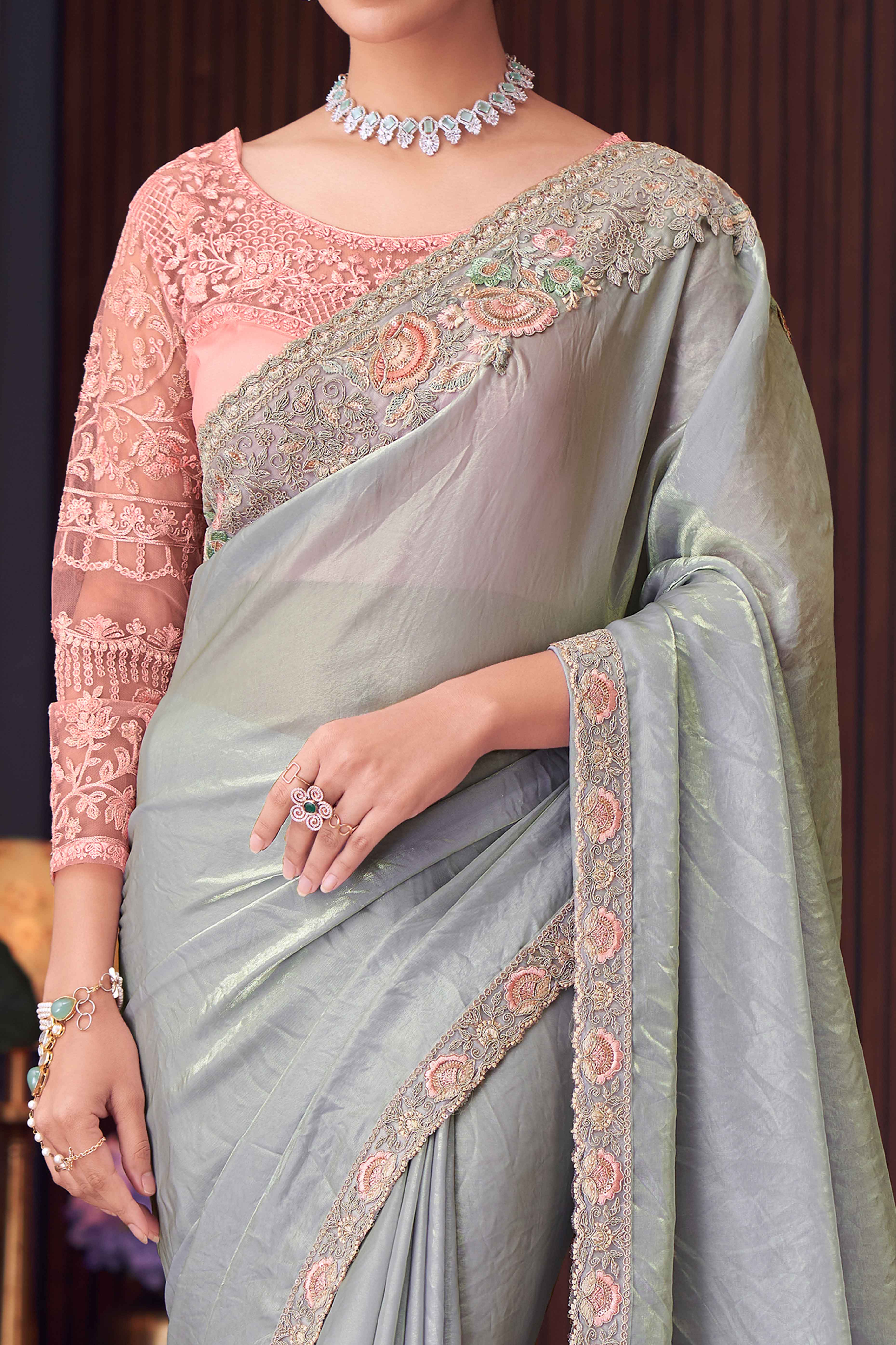 Grey Sequins Embroidered Tissue Saree - Image 2