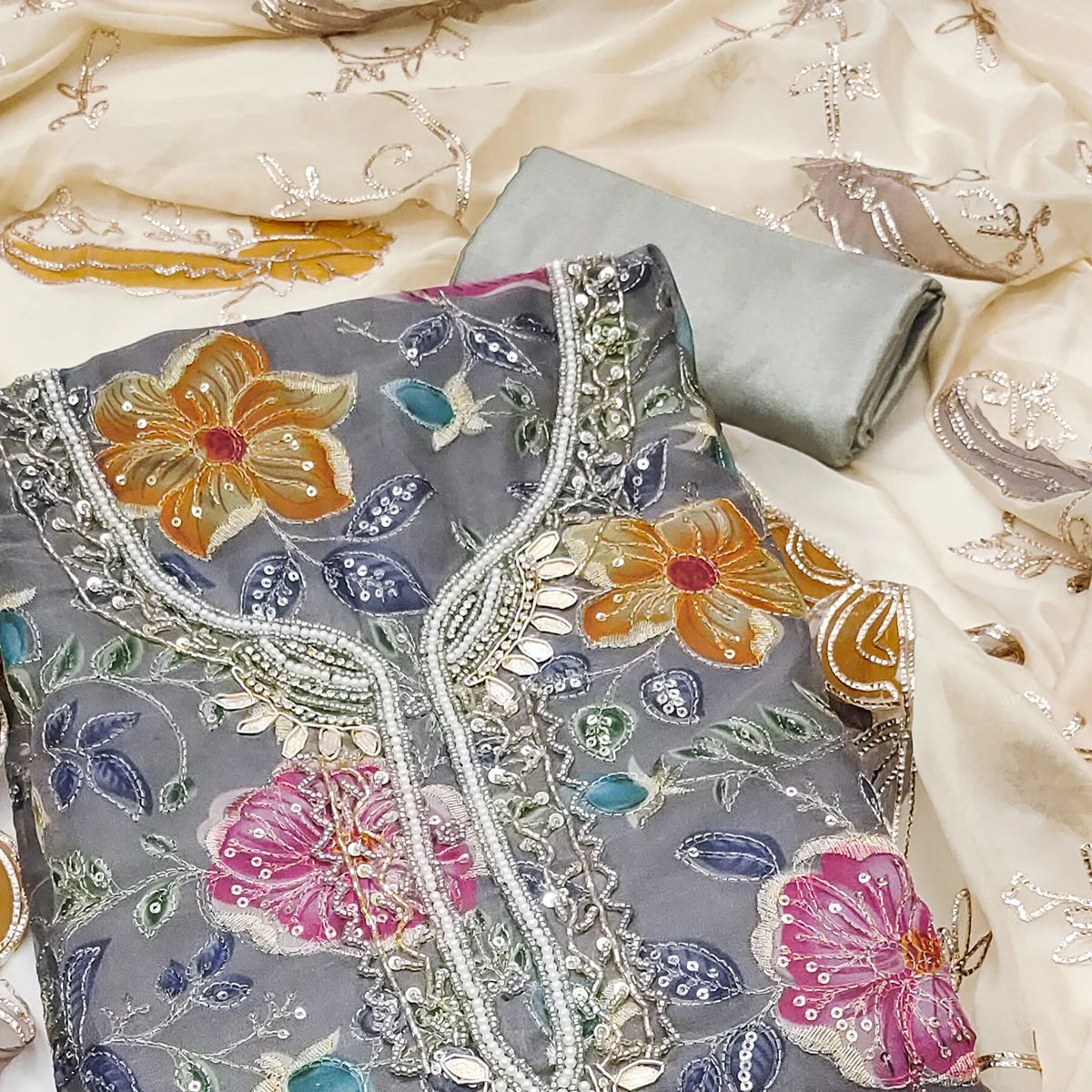 Grey Sequins Embroidery With Handwork Organza Dress Material - Image 2