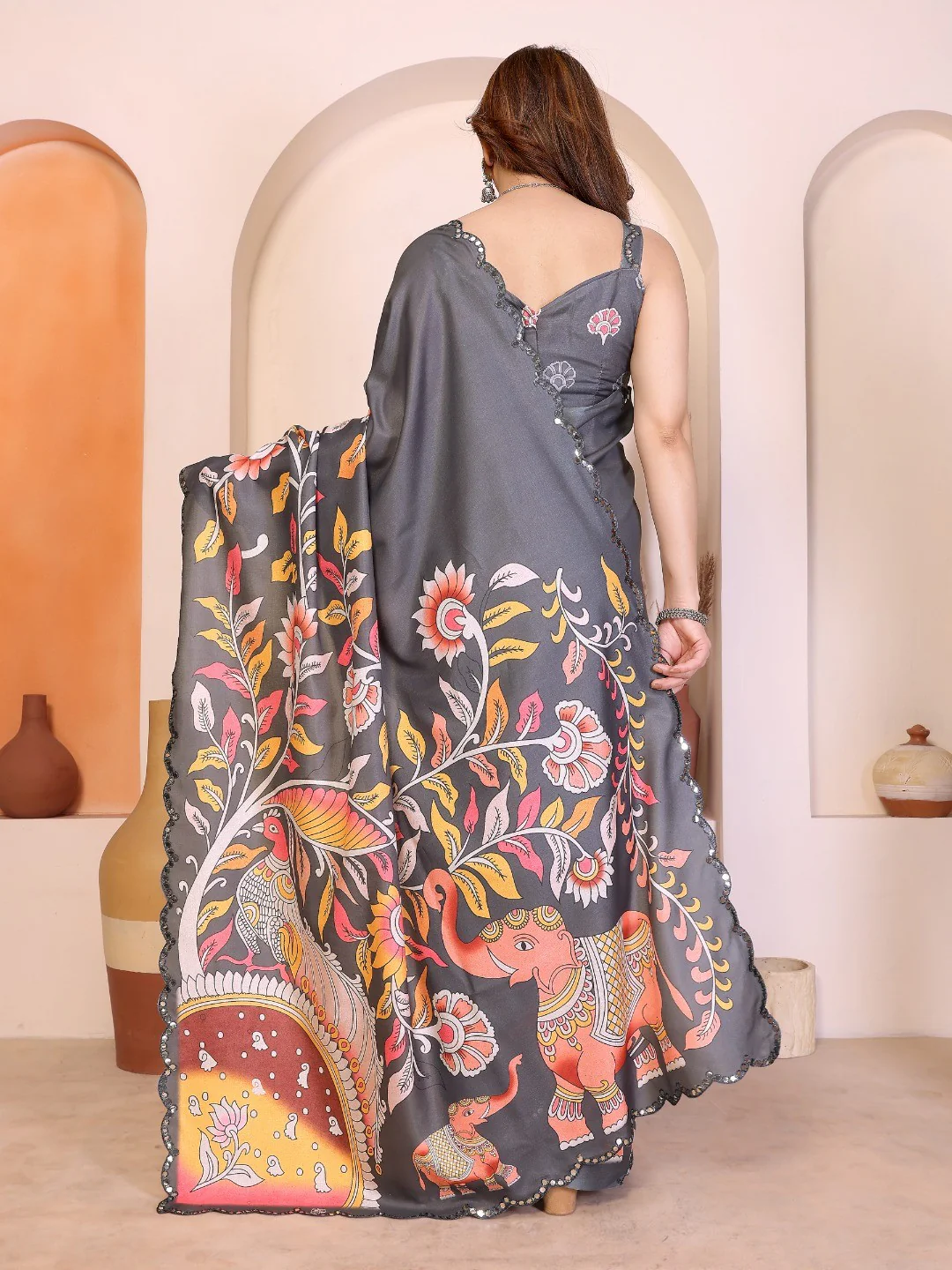 Grey Silk Blend Saree with Digital Print & Mirror Embellished Border - Image 3