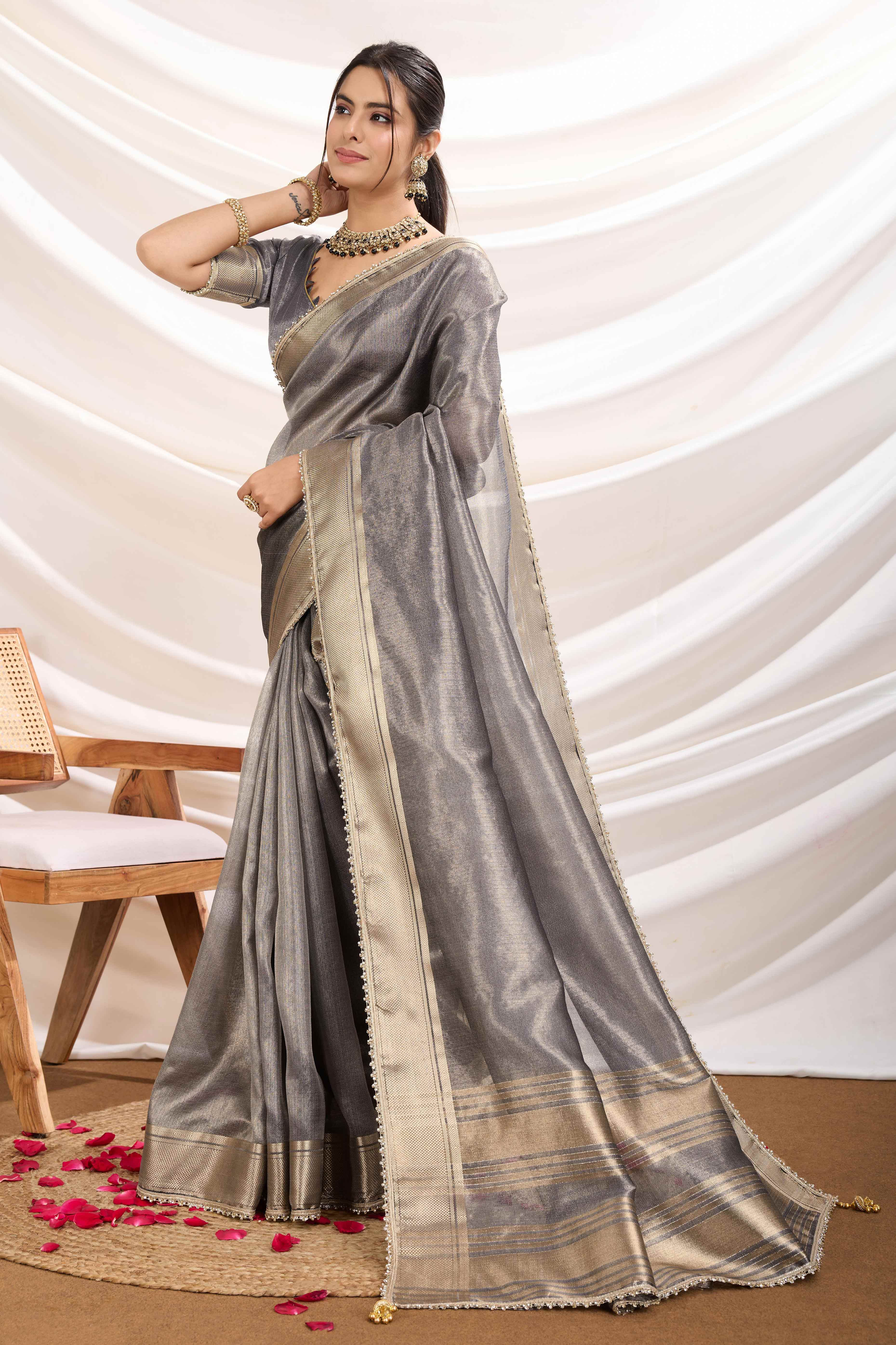 Grey Solid Linen Tissue Saree With Weaving & Zarkan Lace Border - Image 3