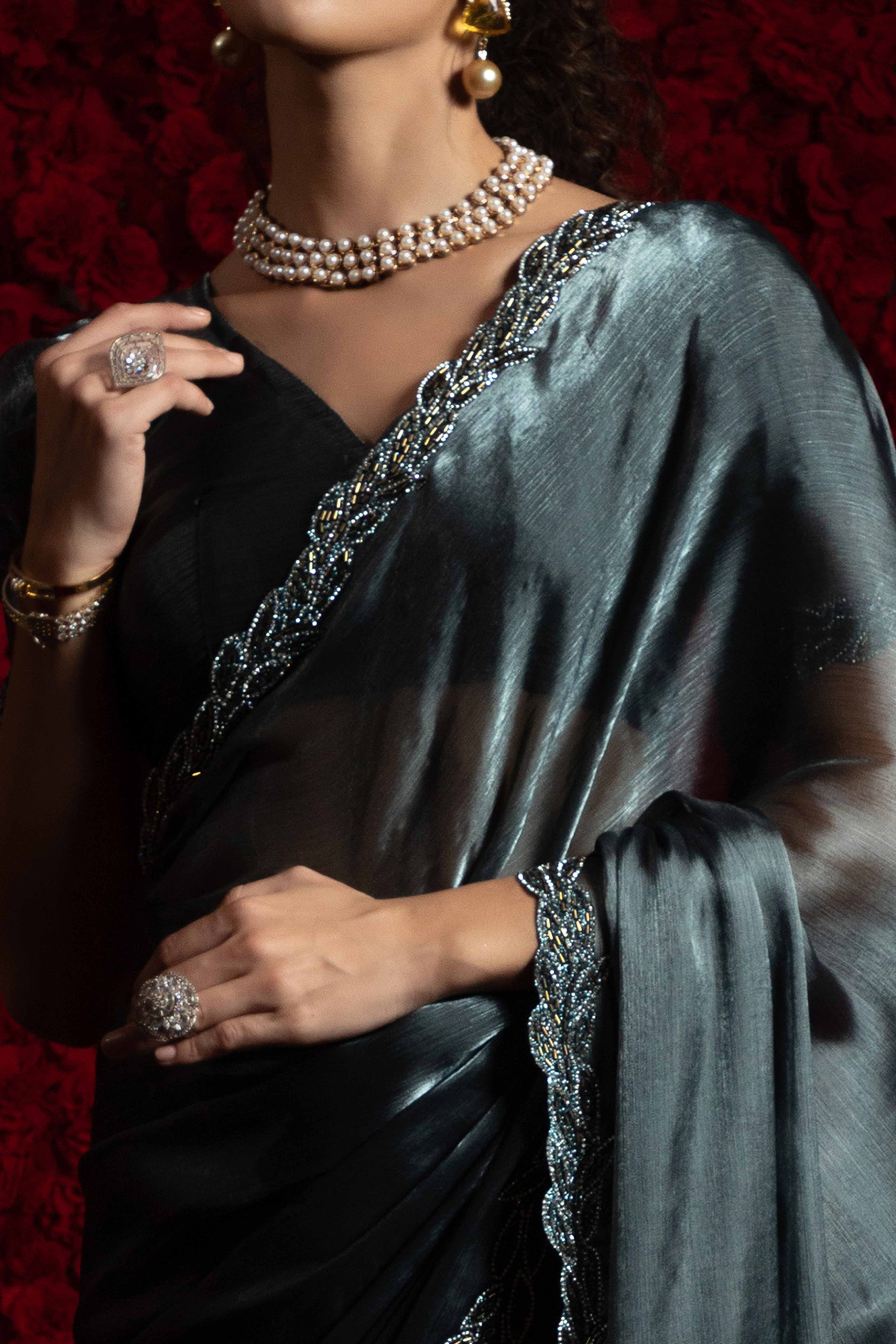 Grey Solid Tissue Chiffon Saree Accented With Elegant Zarkan Work Border - Image 2