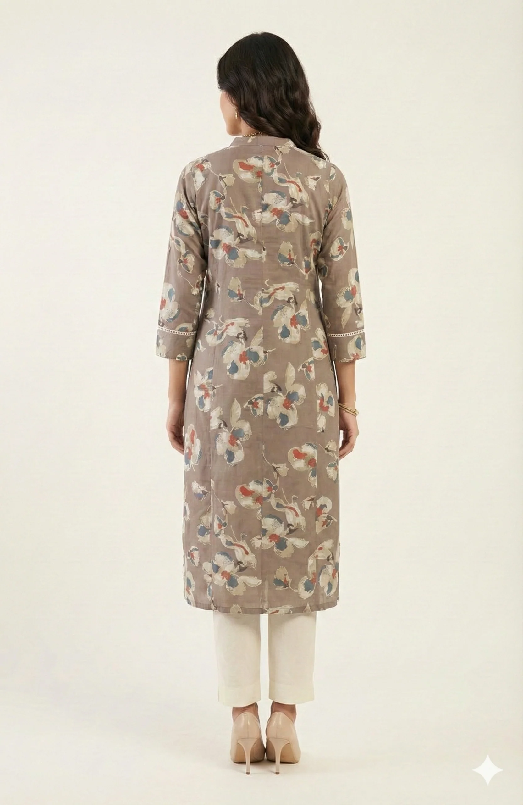 Grey Straight Fit Viscose Kurti Adorned with Delicate Floral Prints and Slit Detail - Image 3