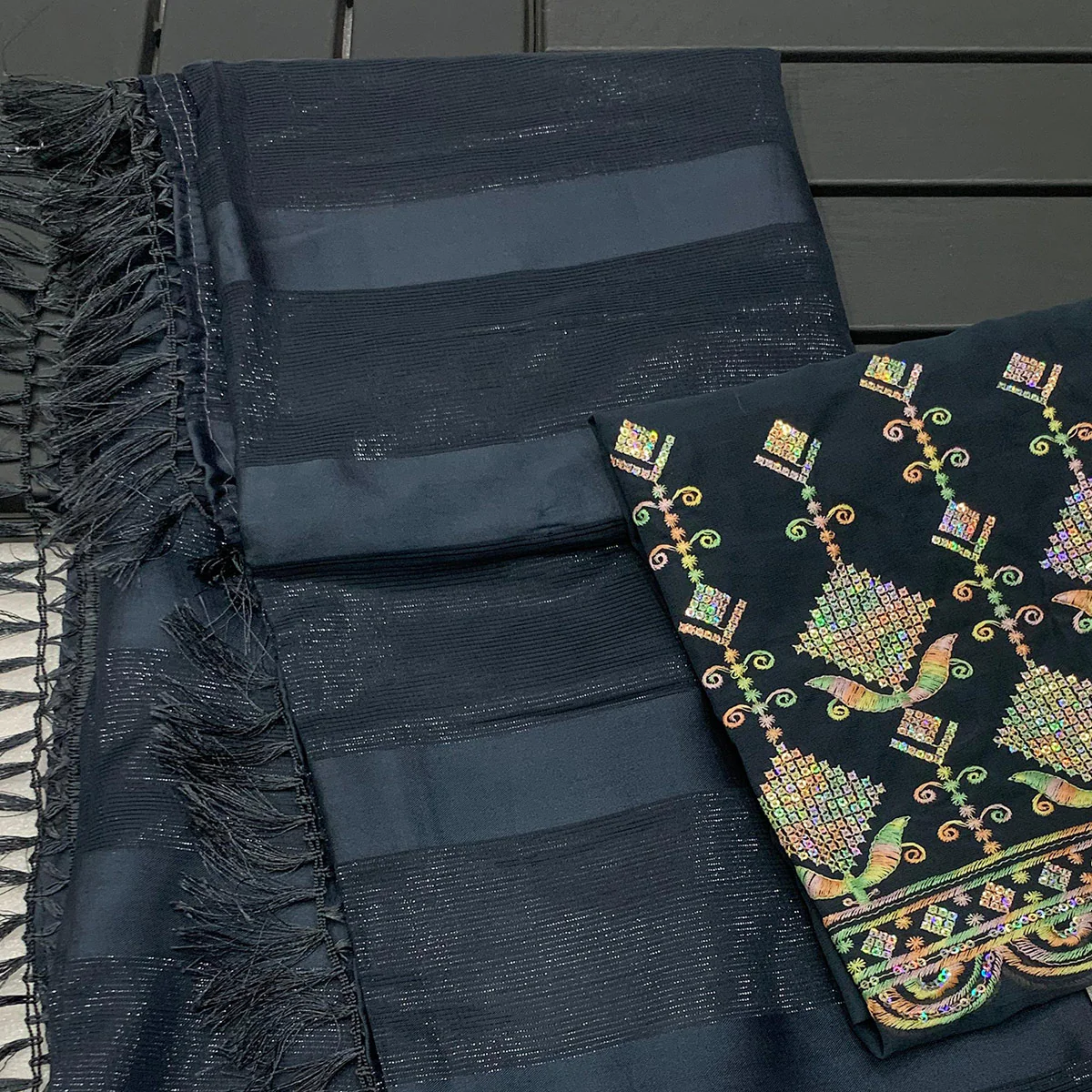 Grey Striped Woven Chiffon Silk Saree With Tassels - Image 2