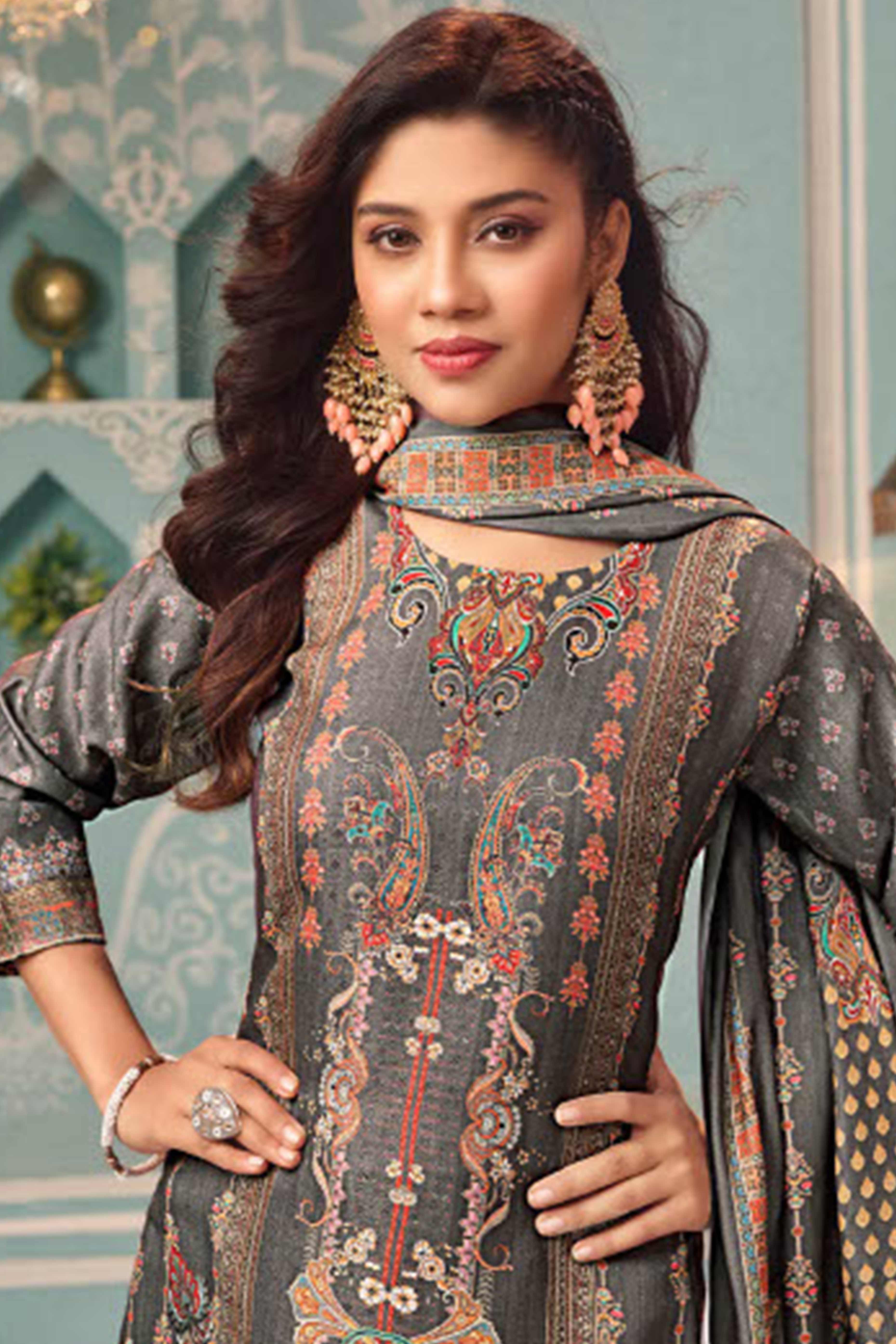 Grey Stylish Floral Printed Pashmina Dress Material for Graceful Winter Outfits - Image 3
