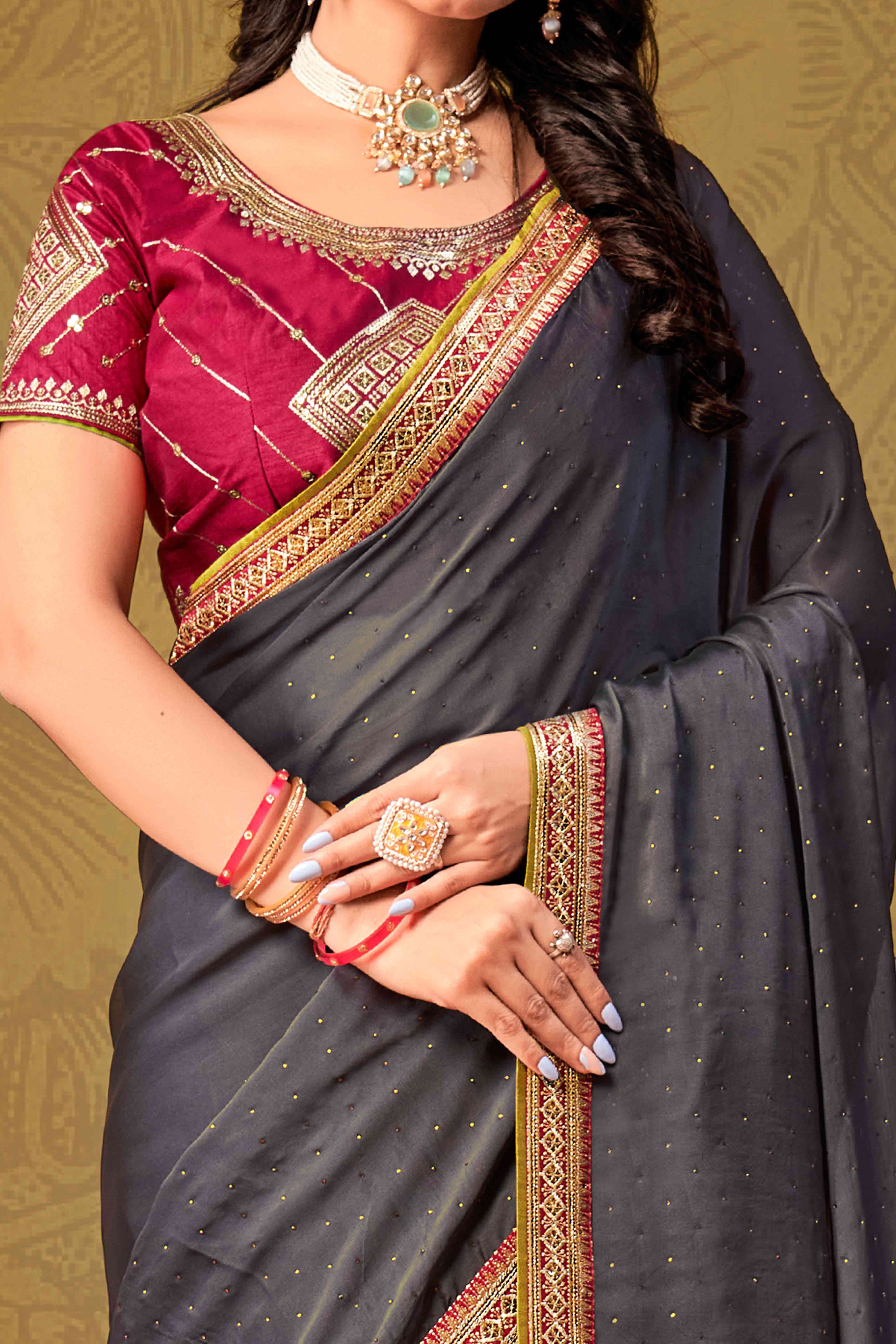 Grey Swarovski Work Satin Saree With Designer Border - Image 2