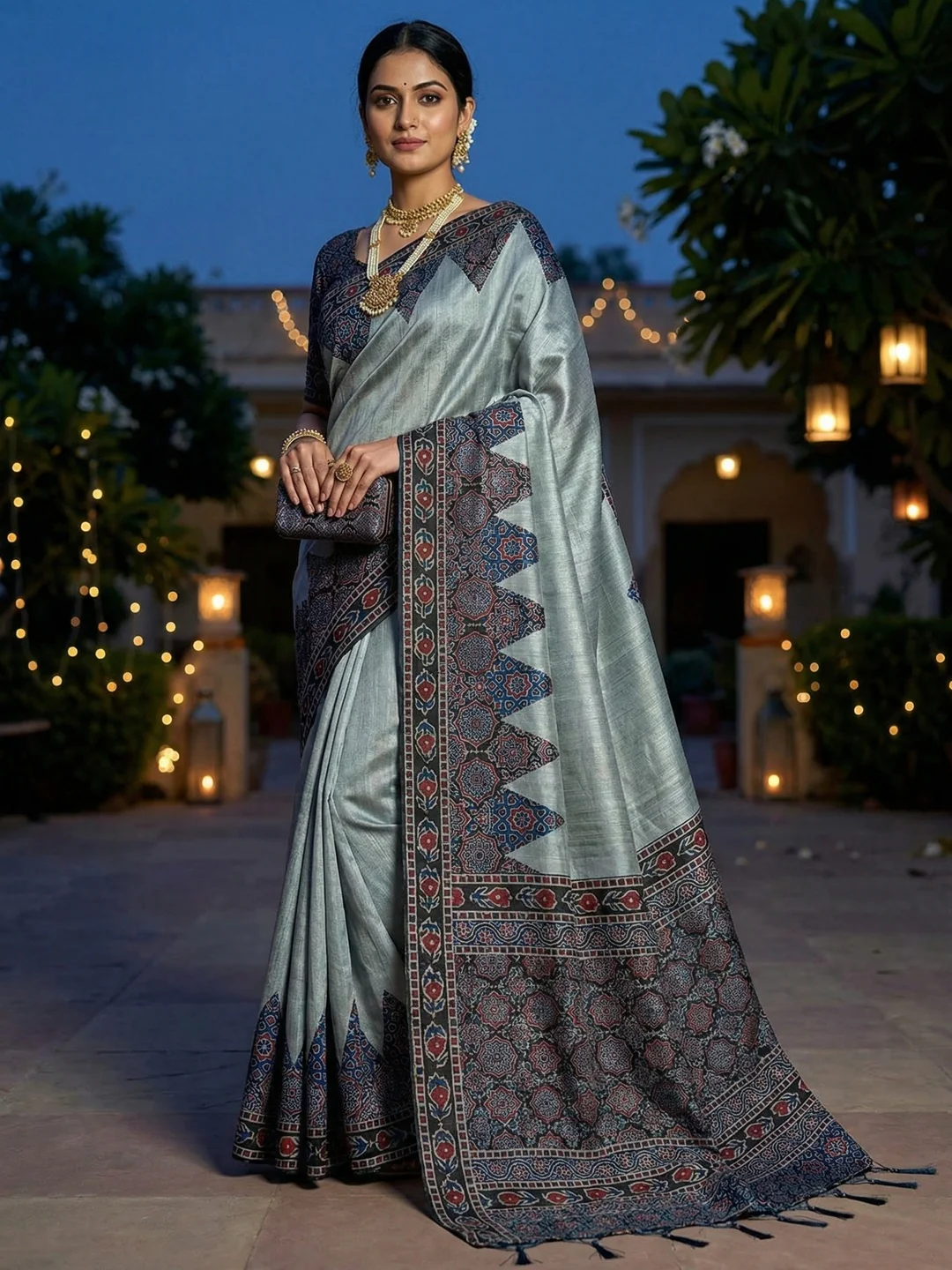 Grey Traditional Ajrakh Printed Handloom Tussar Silk Saree