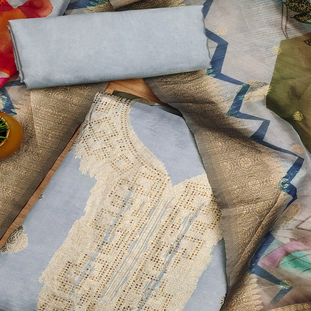 Grey Woven With Digital Printed & Swarovski Organza Dress Material - Image 2