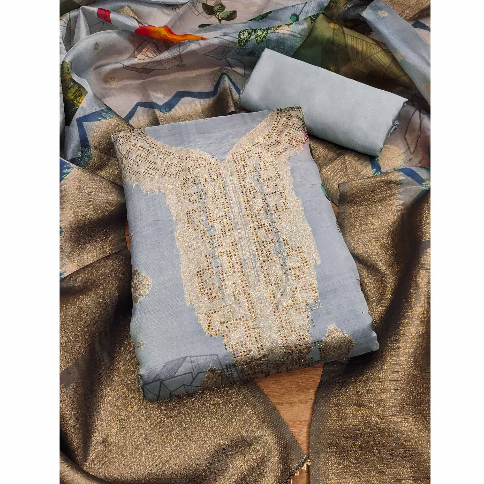 Grey Woven With Digital Printed & Swarovski Organza Dress Material - Image 3