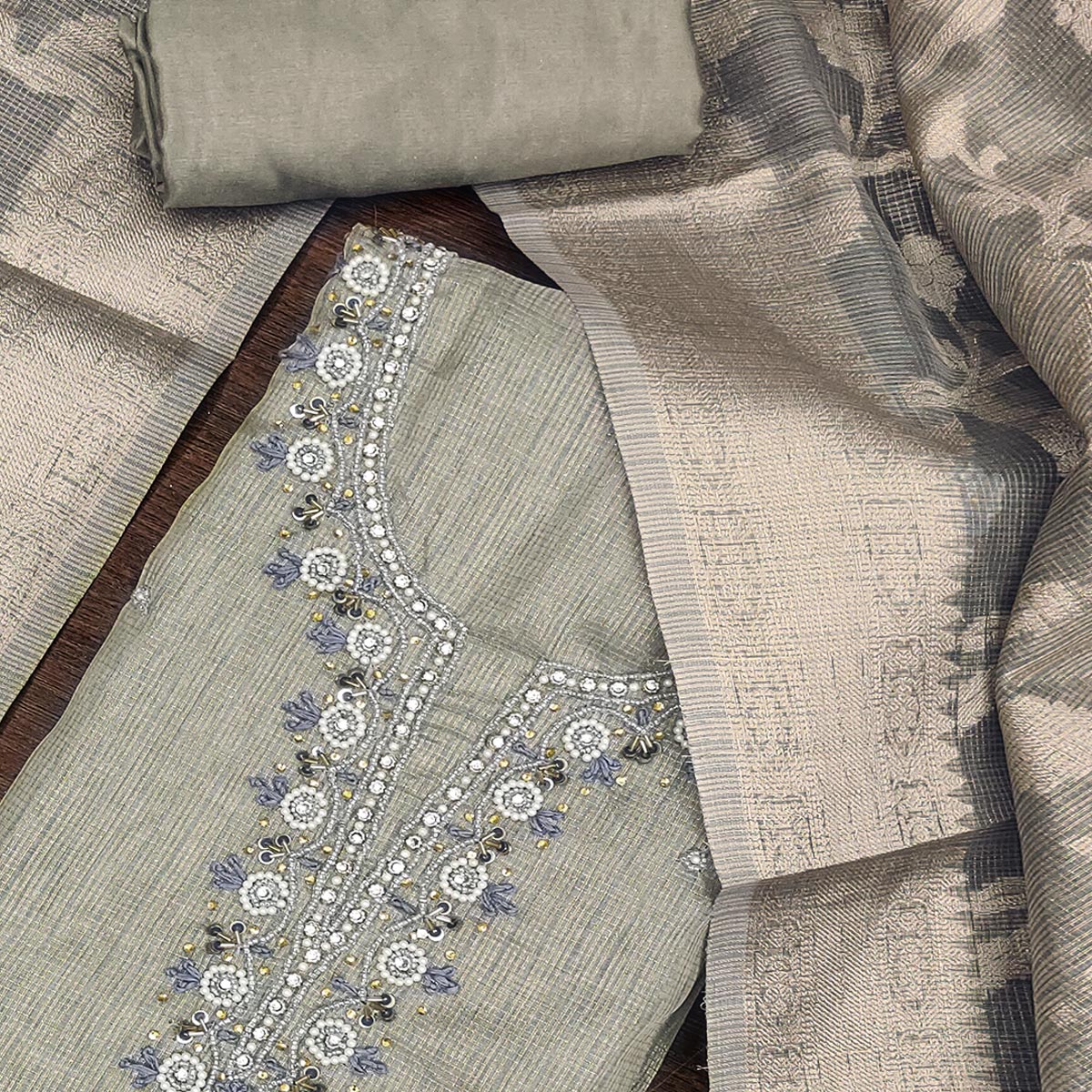 Grey Woven With Moti Handwork Viscose Dress Material - Image 2