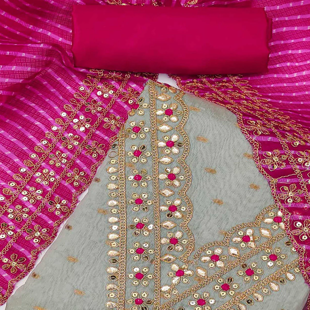 Grey Woven With Sequins Embroidery Chanderi Dress Material - Image 2