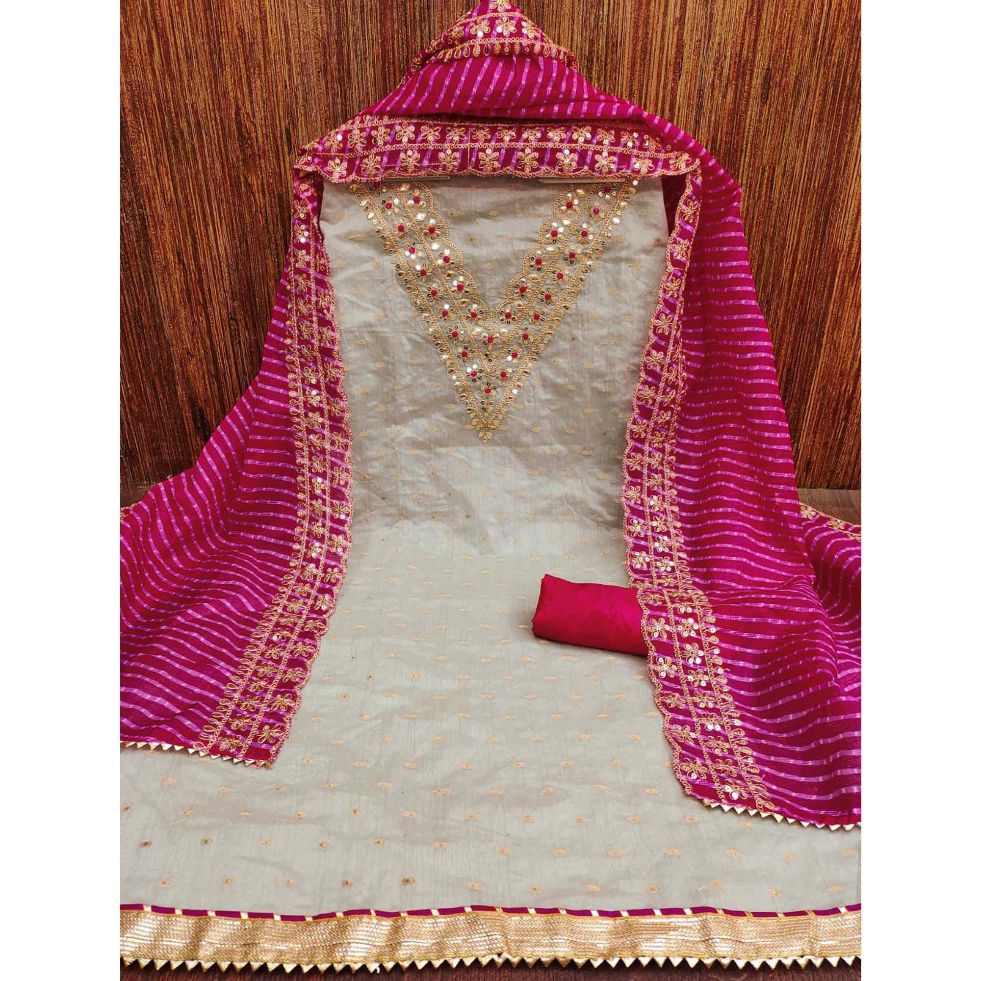 Grey Woven With Sequins Embroidery Chanderi Dress Material - Image 4
