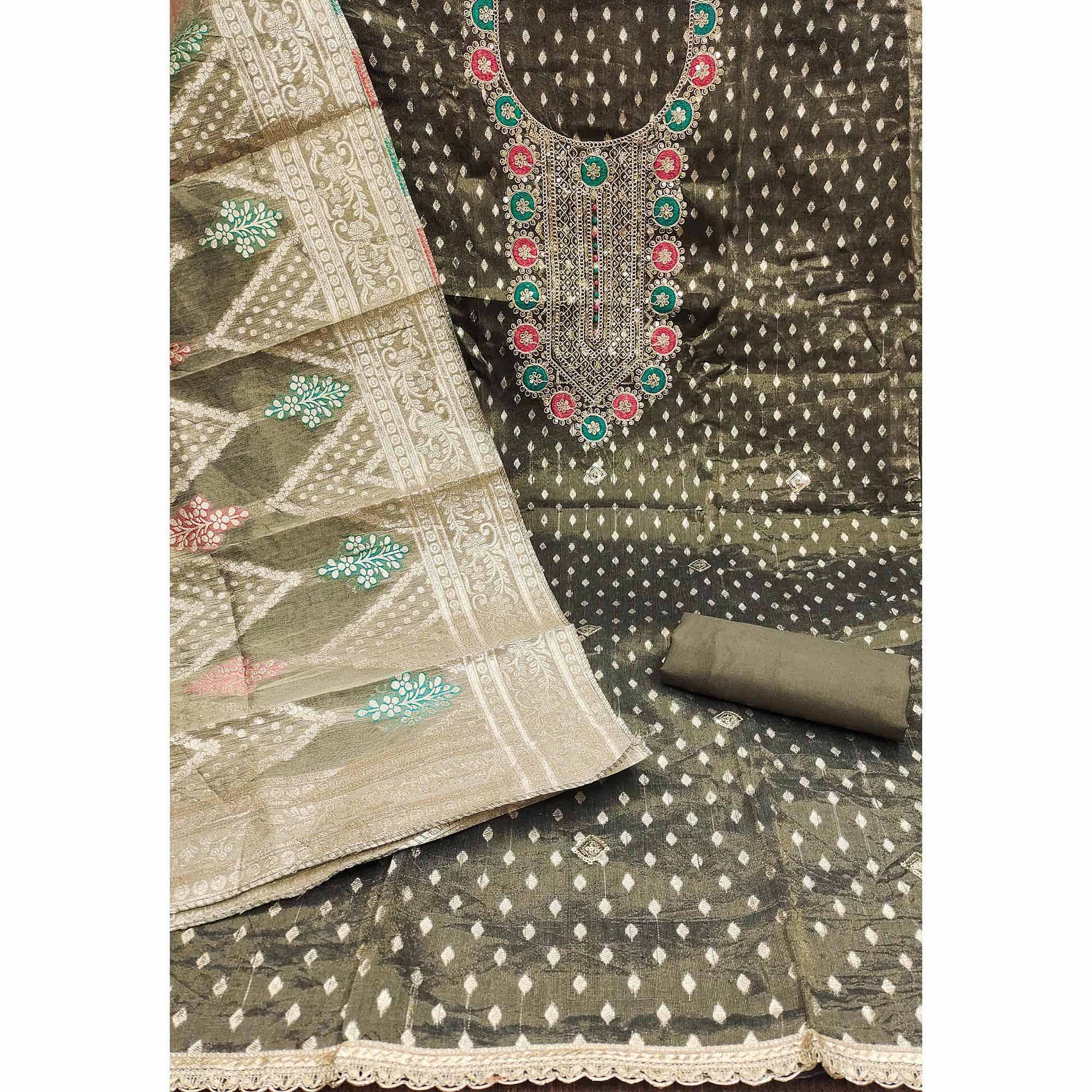 Grey Woven With Sequins Work Jacquard Dress Material - Image 3