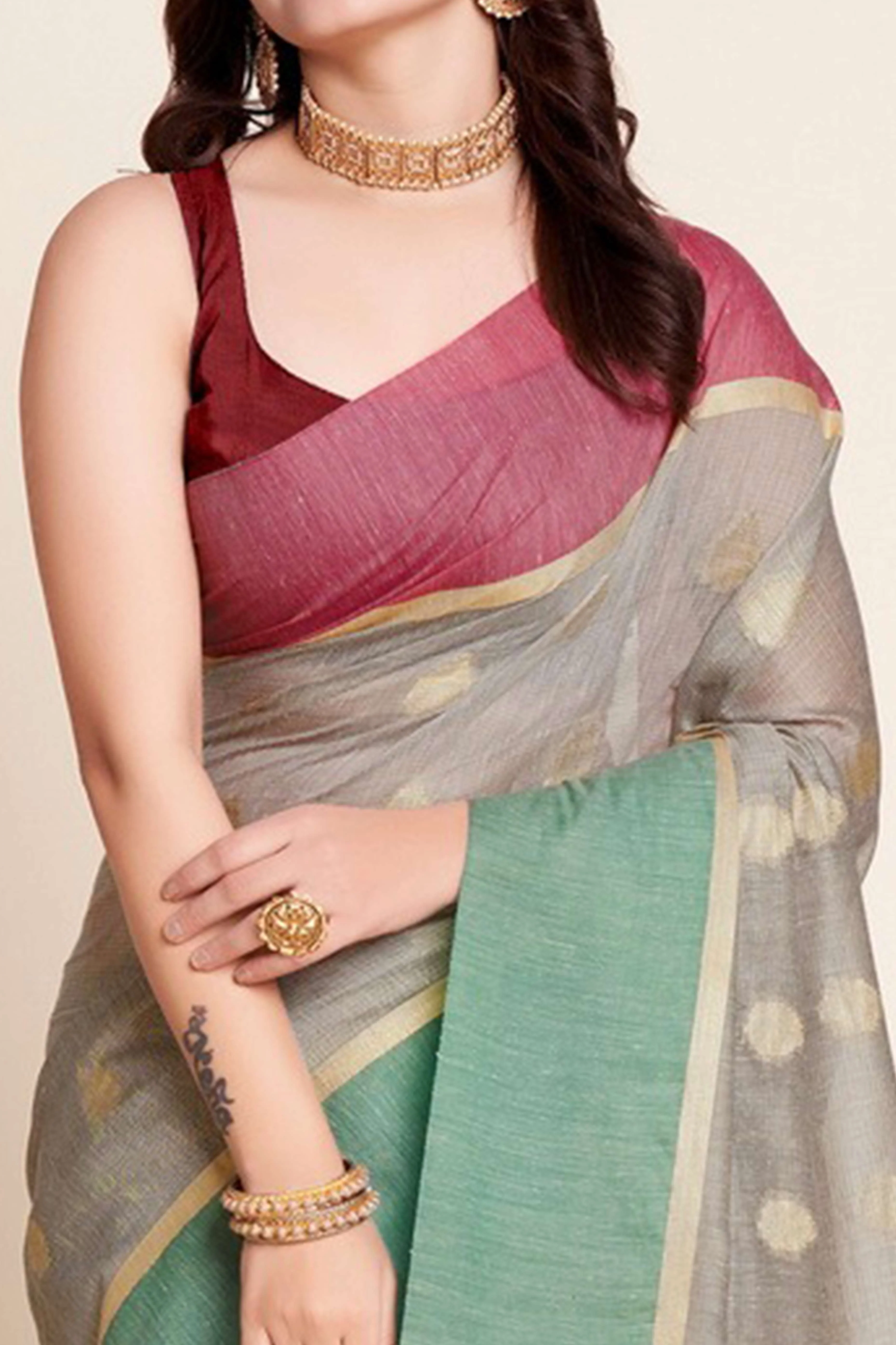 Grey Zari Weaving Cotton Silk Saree - Image 2