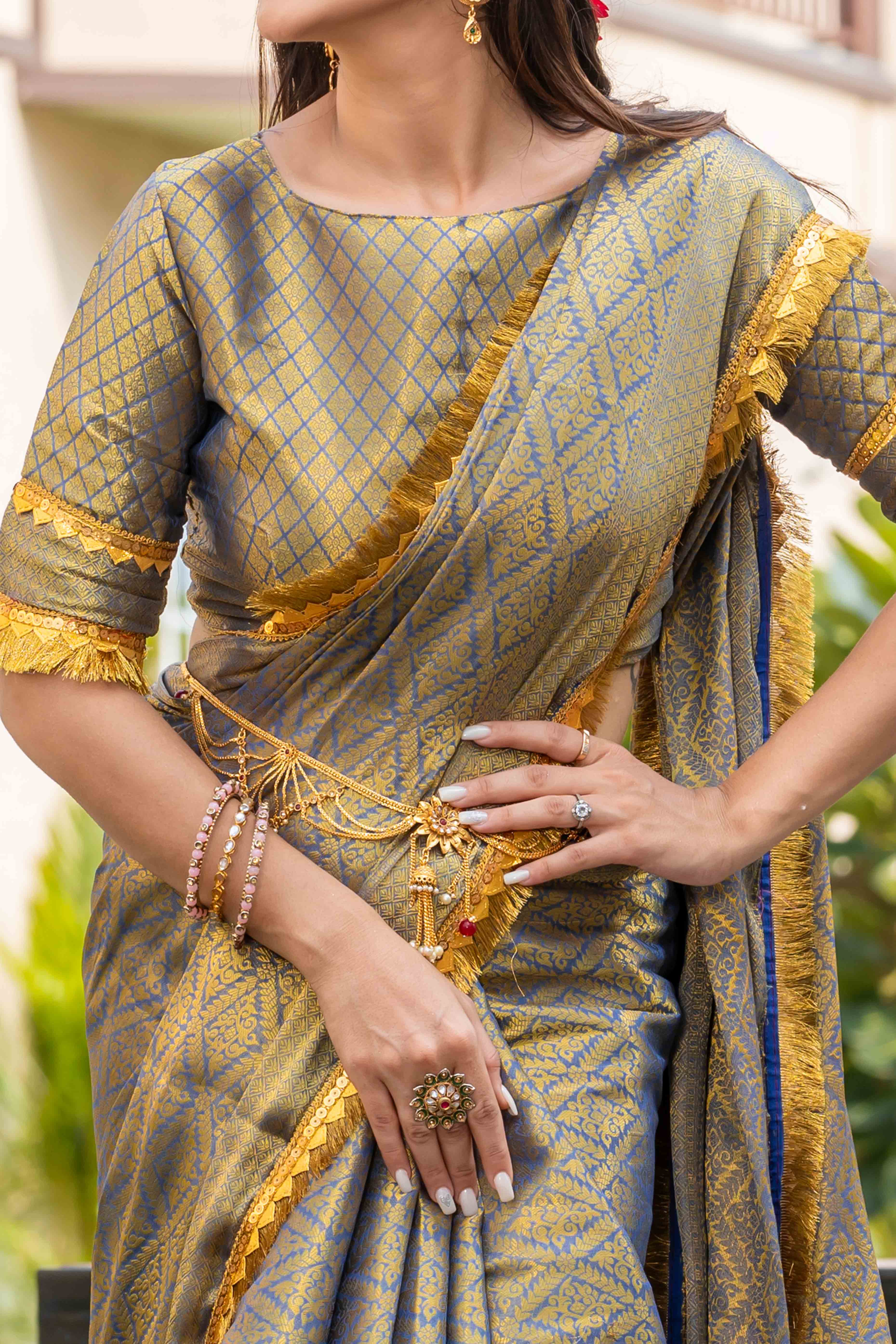 Grey Zari Weaving Mysore Brocade Silk Saree With Zari Border - Image 2