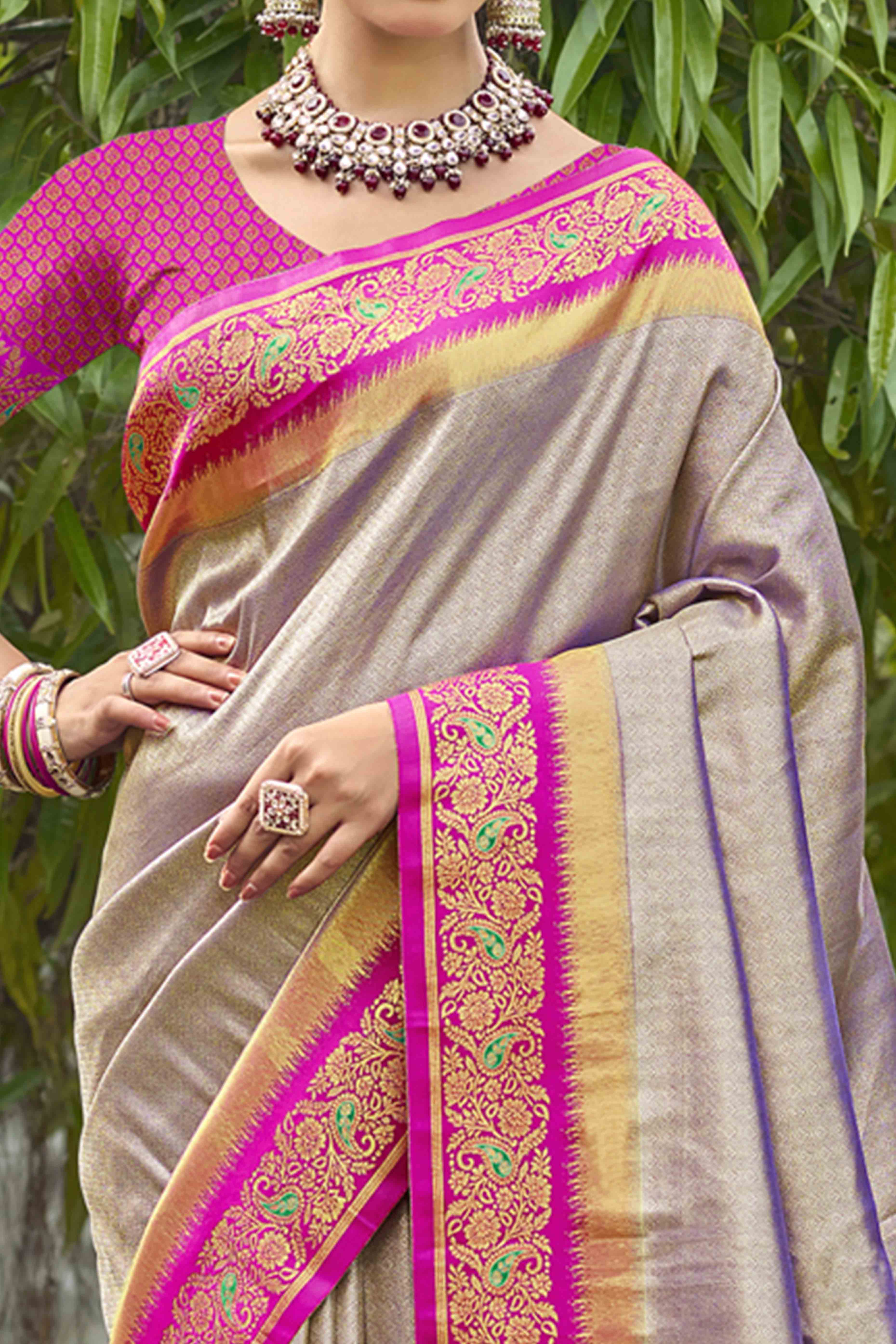 Grey Zari Weaving Organza Saree - Image 2