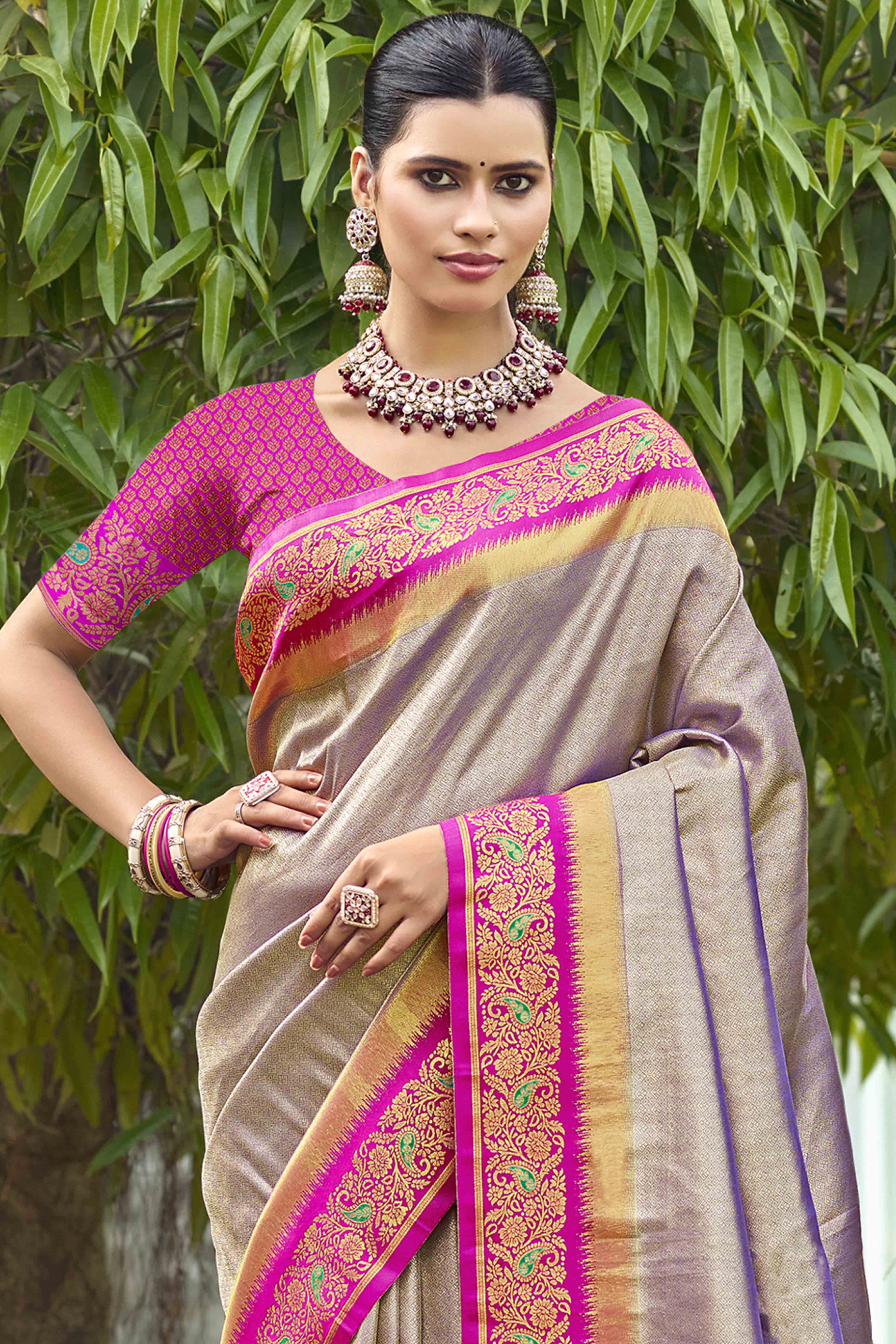 Grey Zari Weaving Organza Saree - Image 3