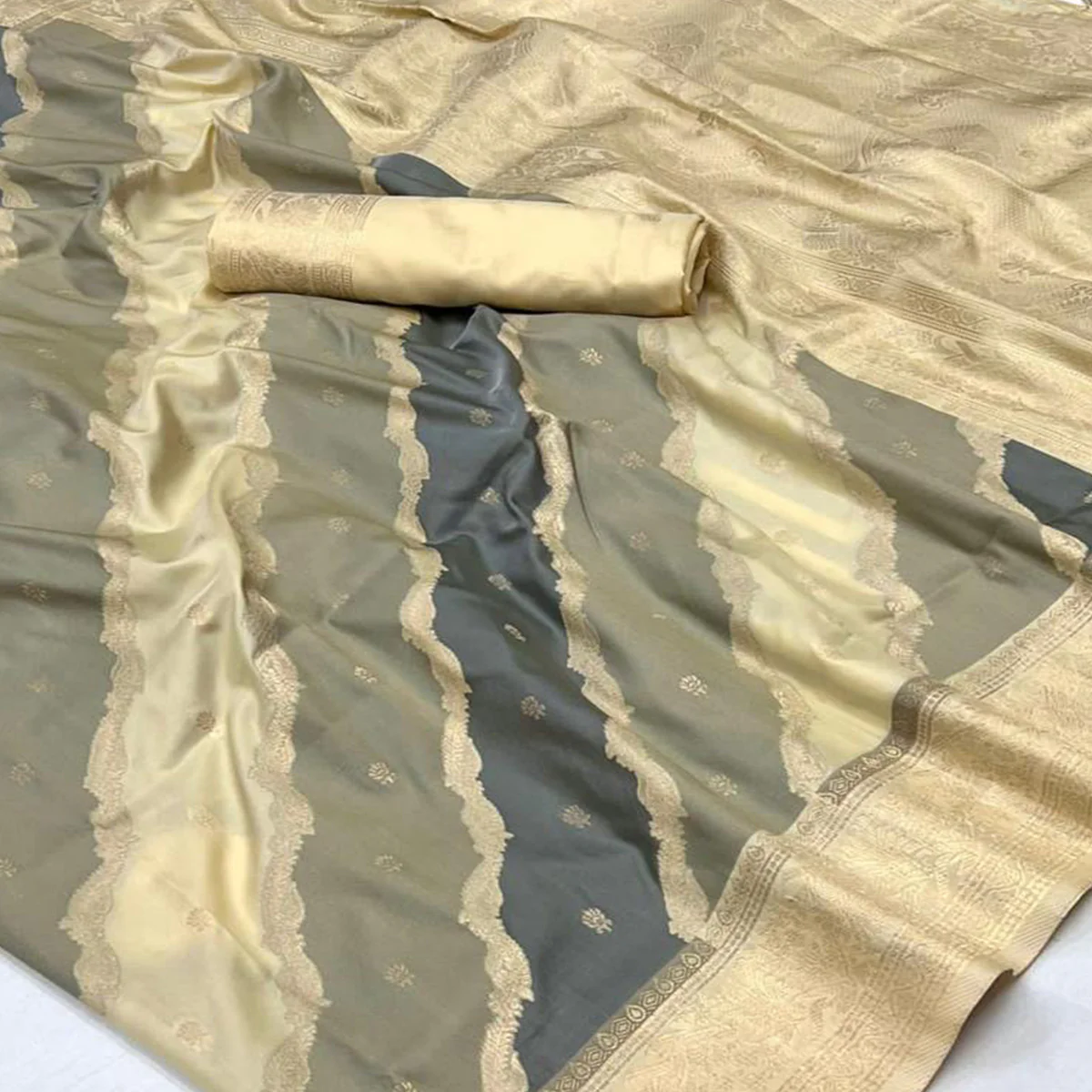 Grey Zari Work Woven Mulberry Silk Saree - Image 2