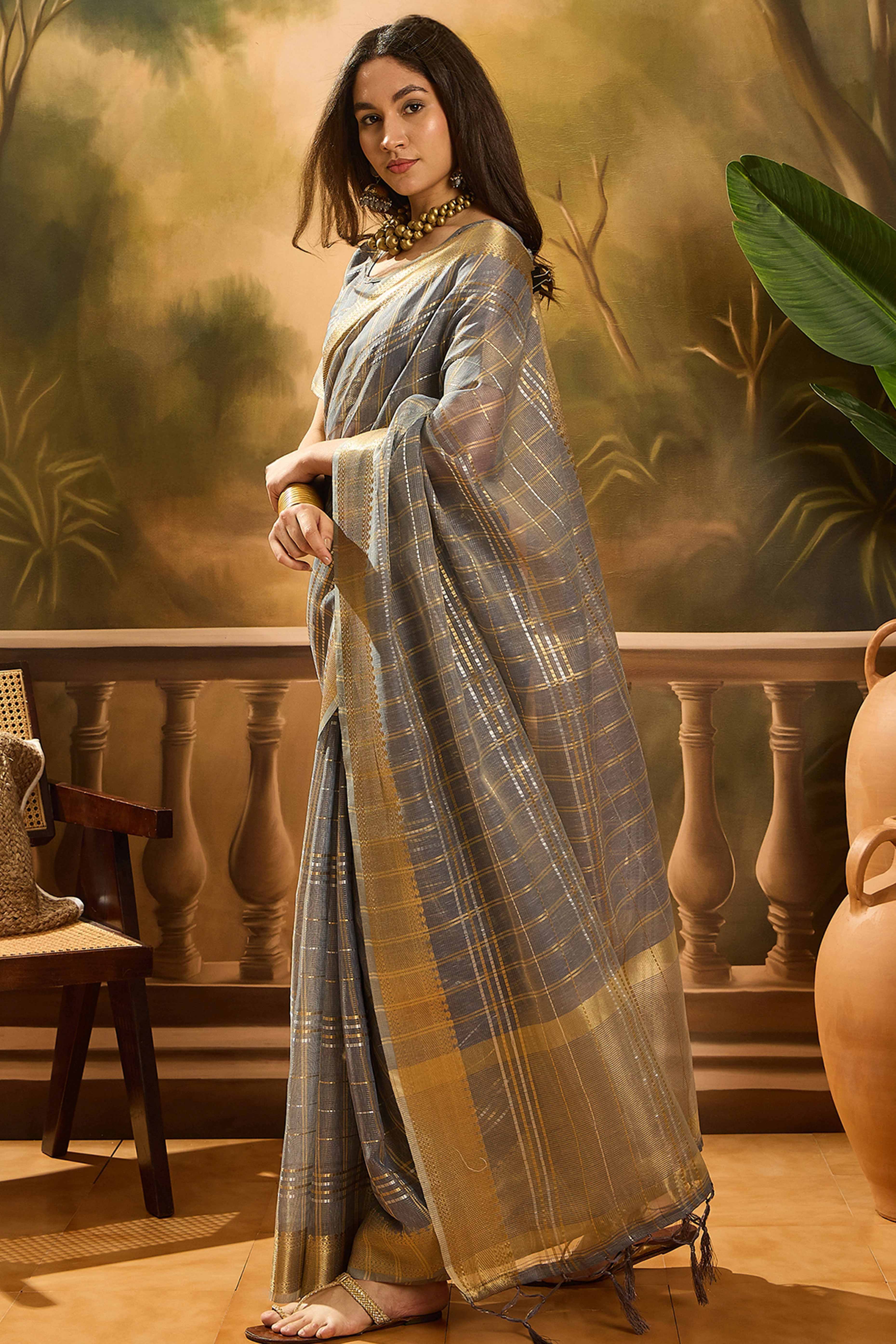 Grey Zari Woven Khadi Organza Saree Featuring Classic Checks & Tassel Detailing - Image 3