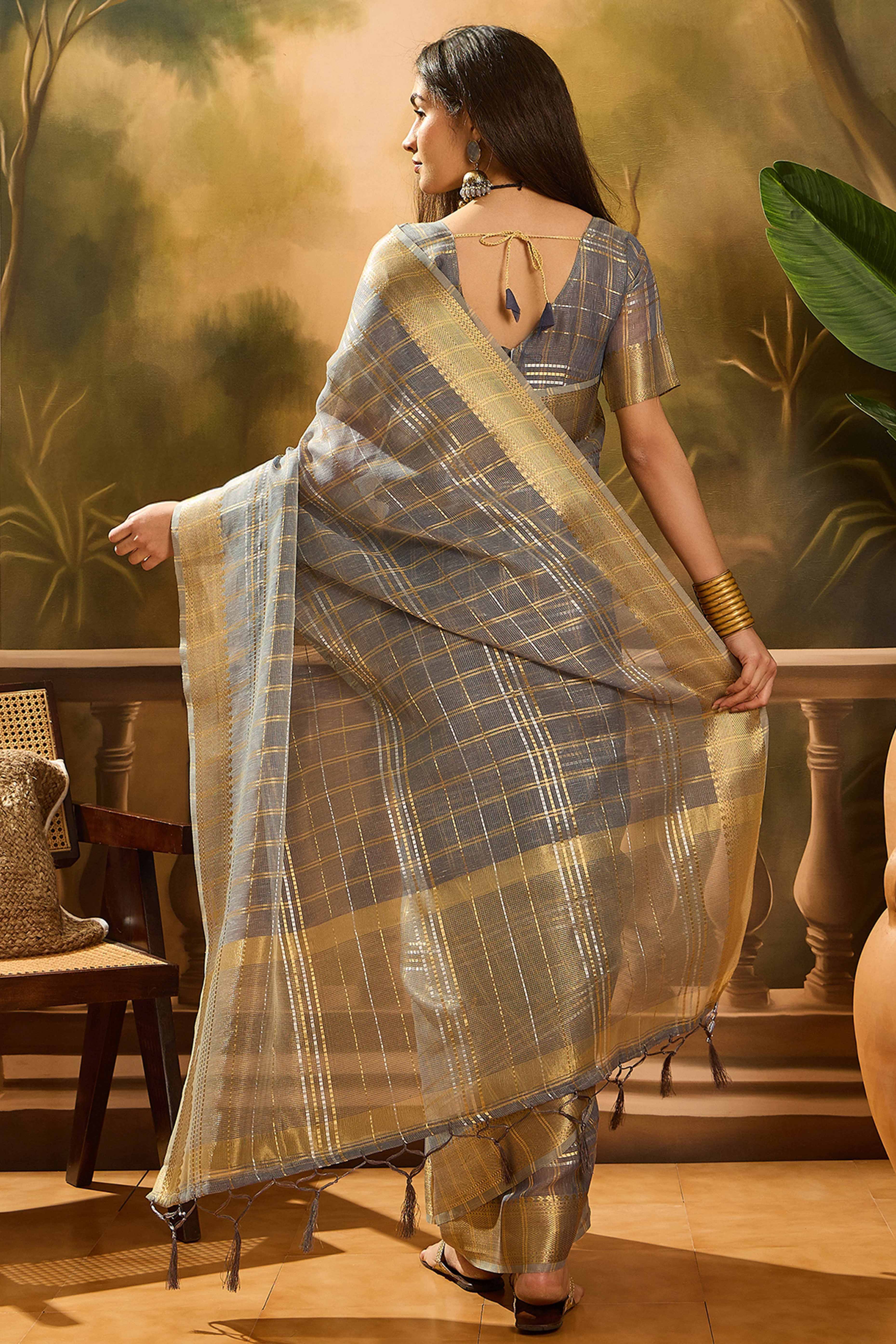Grey Zari Woven Khadi Organza Saree Featuring Classic Checks & Tassel Detailing - Image 5