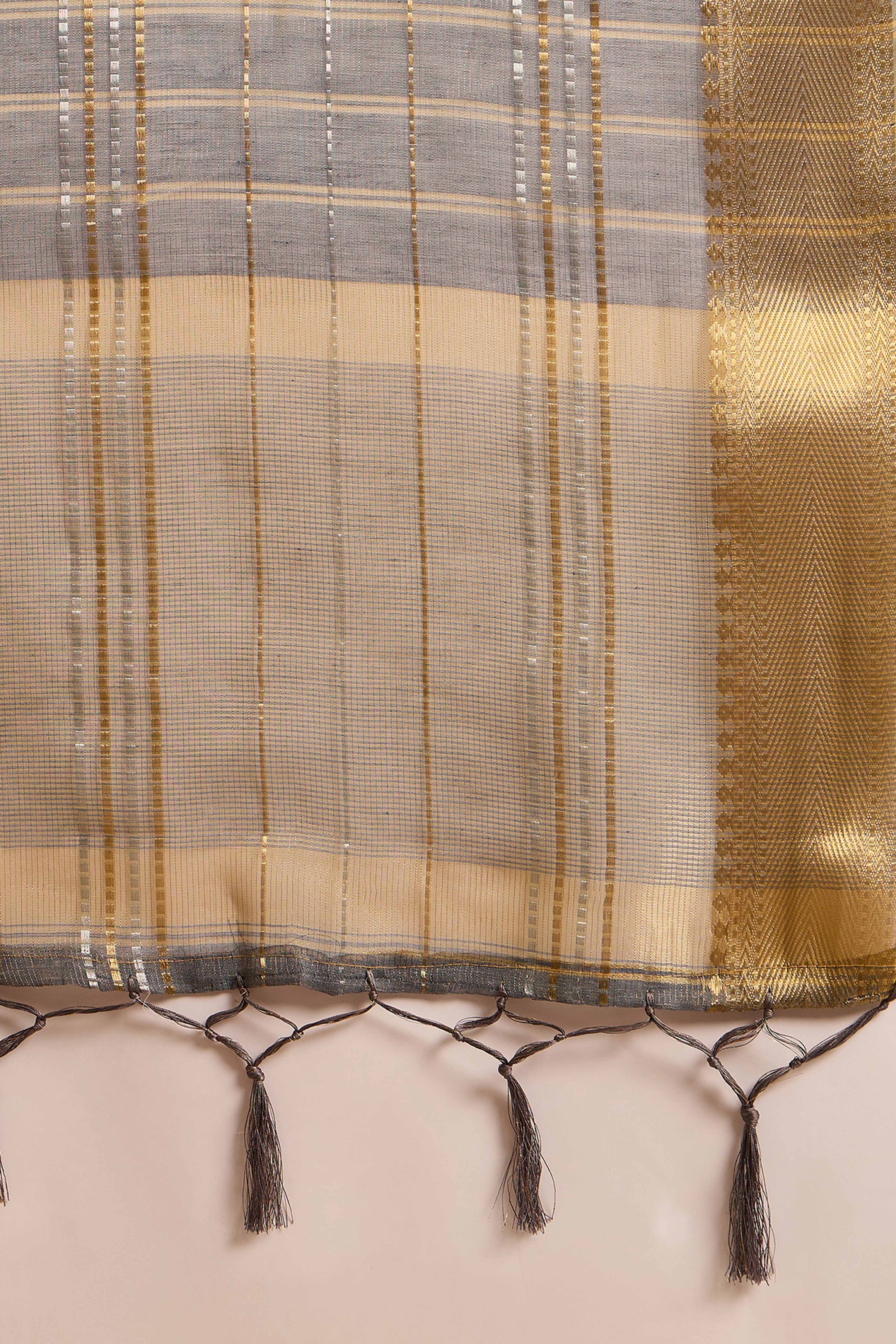 Grey Zari Woven Khadi Organza Saree Featuring Classic Checks & Tassel Detailing - Image 8