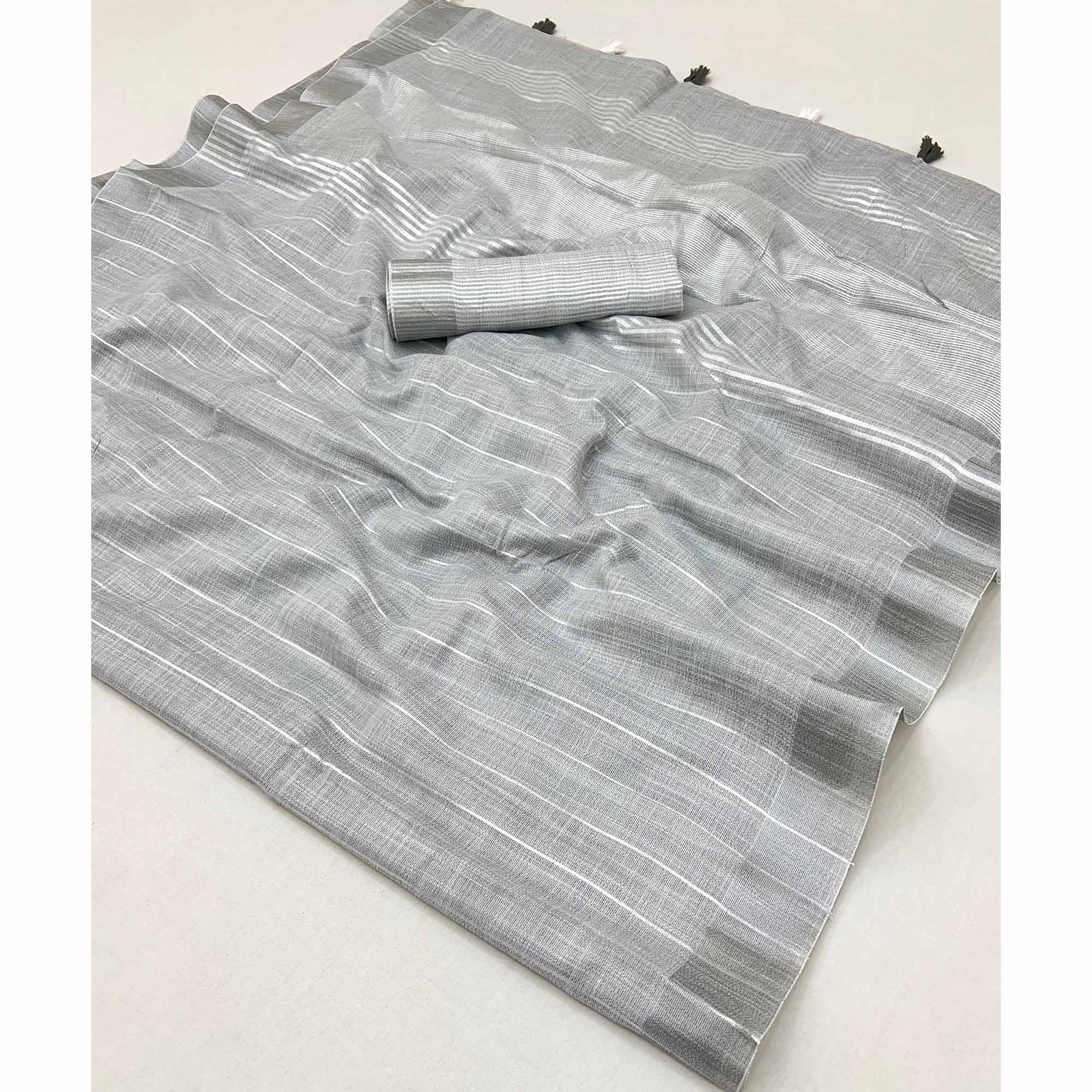 Grey Zari Woven Linen Saree With Tassels - Image 3