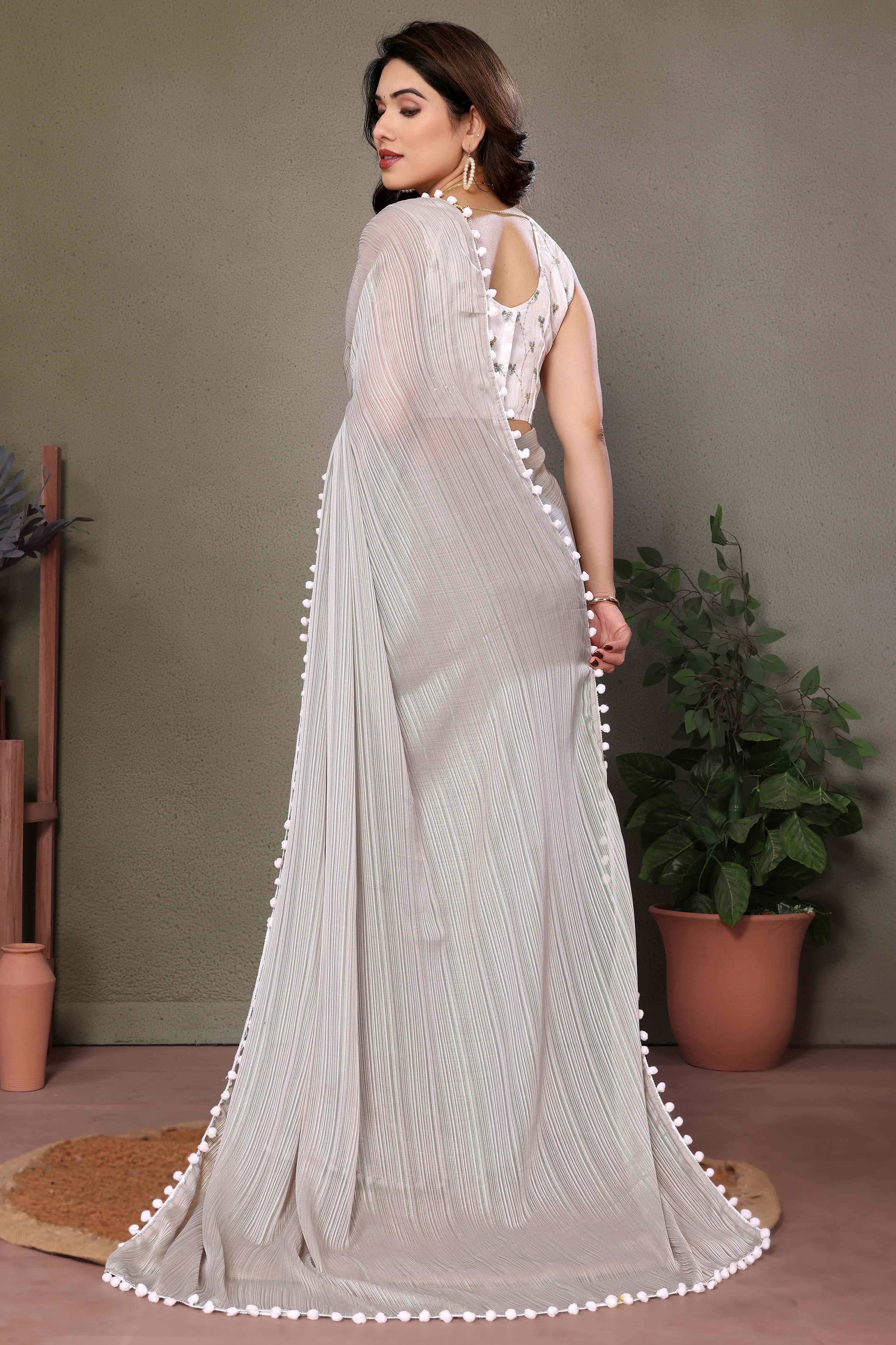 Grey Zari Woven Satin Saree With Pompom Border - Image 4