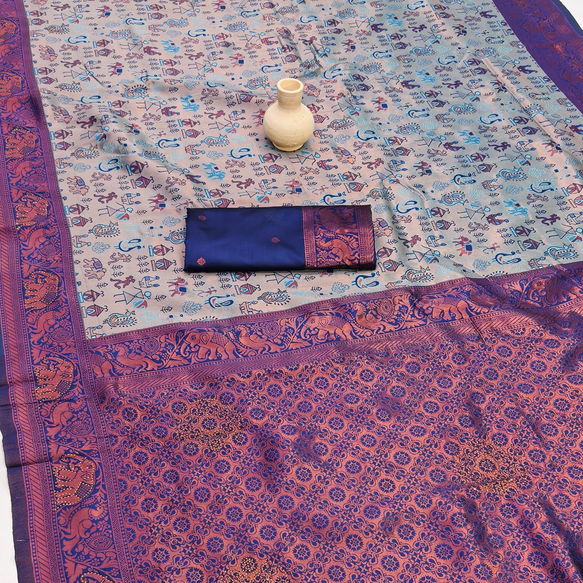 Greyish Blue & Royal Blue Classic Tissue Silk Saree Highlighted with Fine Zari Woven Motifs - Image 2