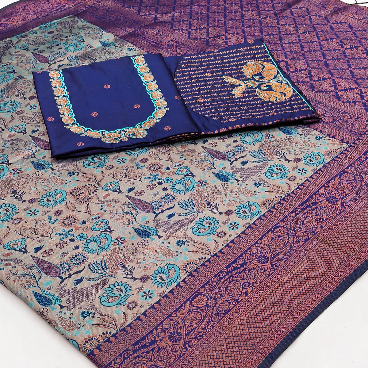 Greyish Blue & Royal Blue Handwoven Tissue Silk Saree Showcasing Refined Zari Patterns - Image 2