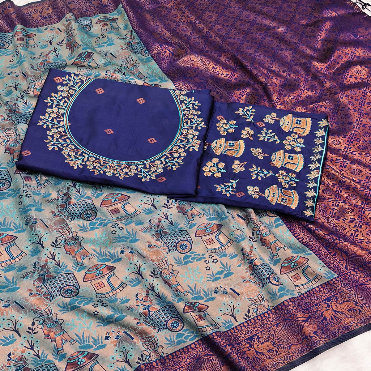 Greyish Blue & Royal Blue Tissue Silk Saree Adorned with Intricate Zari Weaving for a Festive Look - Image 2