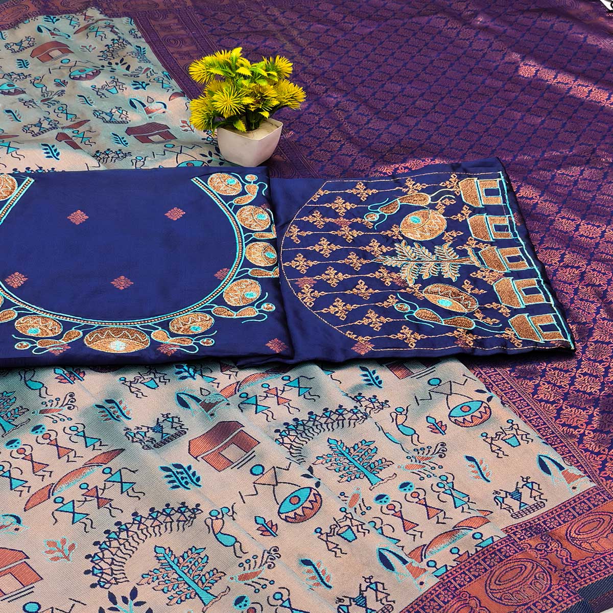 Greyish Blue & Royal Blue Tissue Silk Saree Highlight Zari Woven Motifs for Traditional Occasions - Image 2