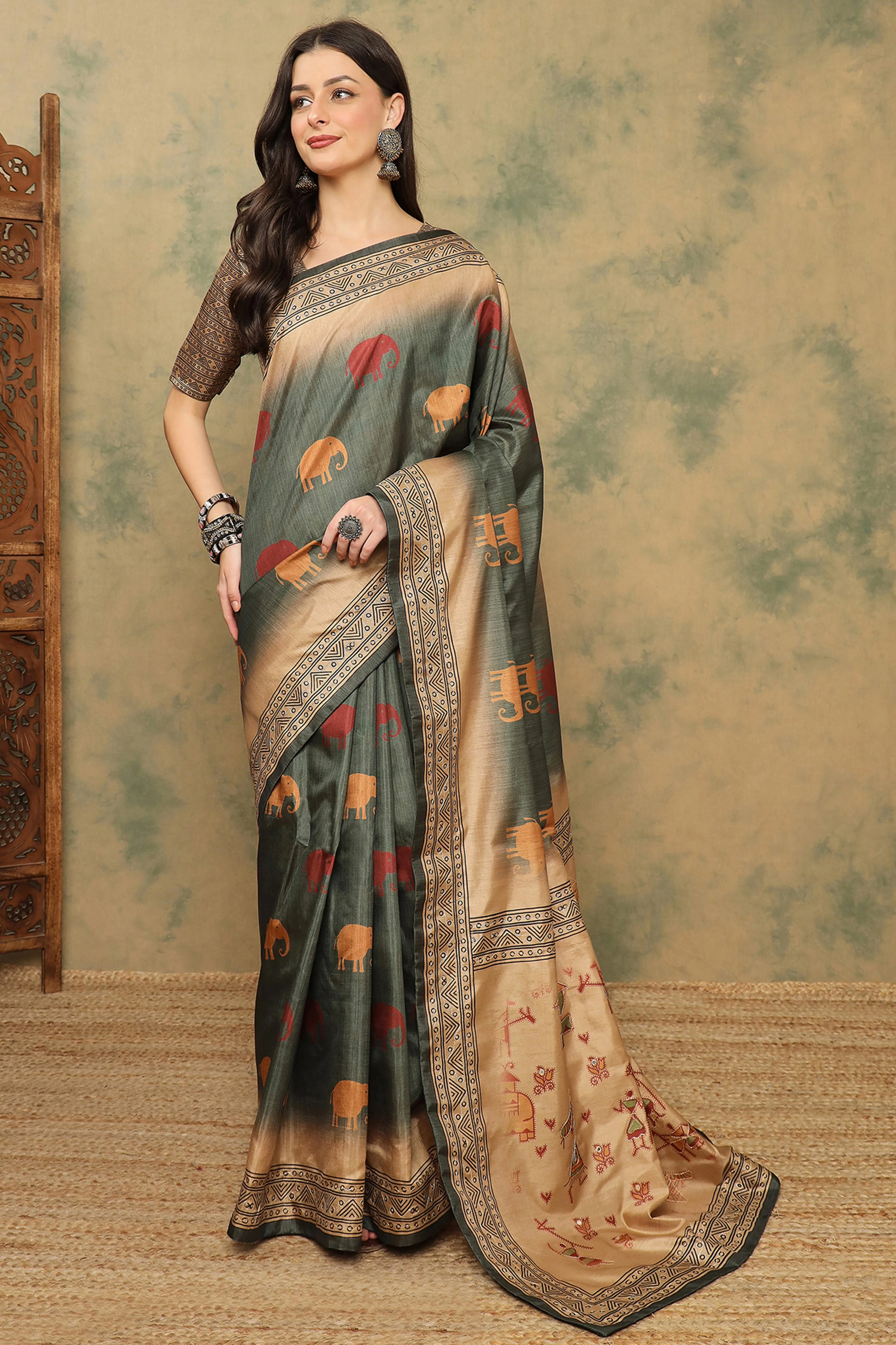Greyish Green Warli Folk Art Printed Cotton Silk Saree Flowy Drape Festive Wear