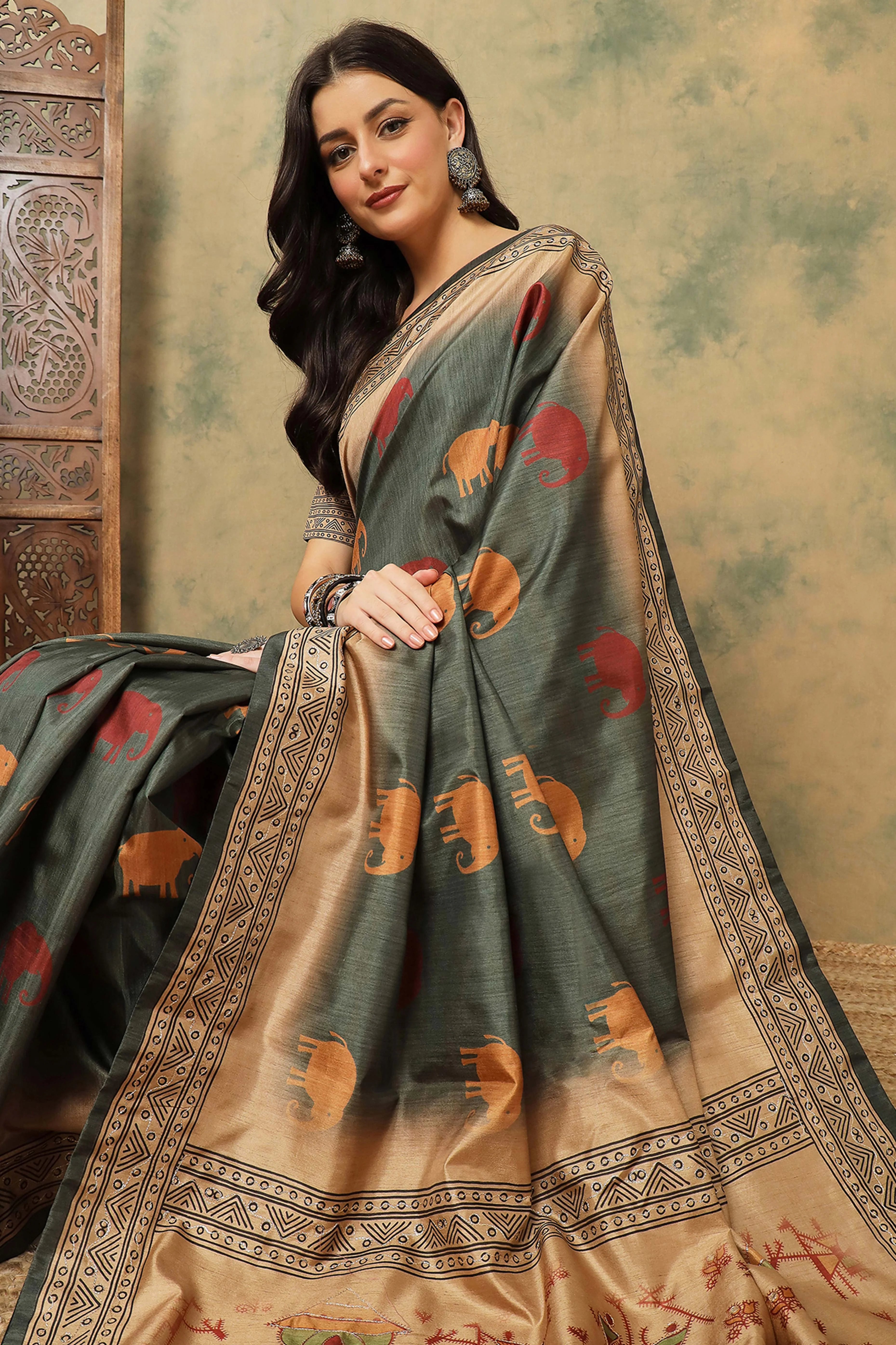 Greyish Green Warli Folk Art Printed Cotton Silk Saree Flowy Drape Festive Wear - Image 6