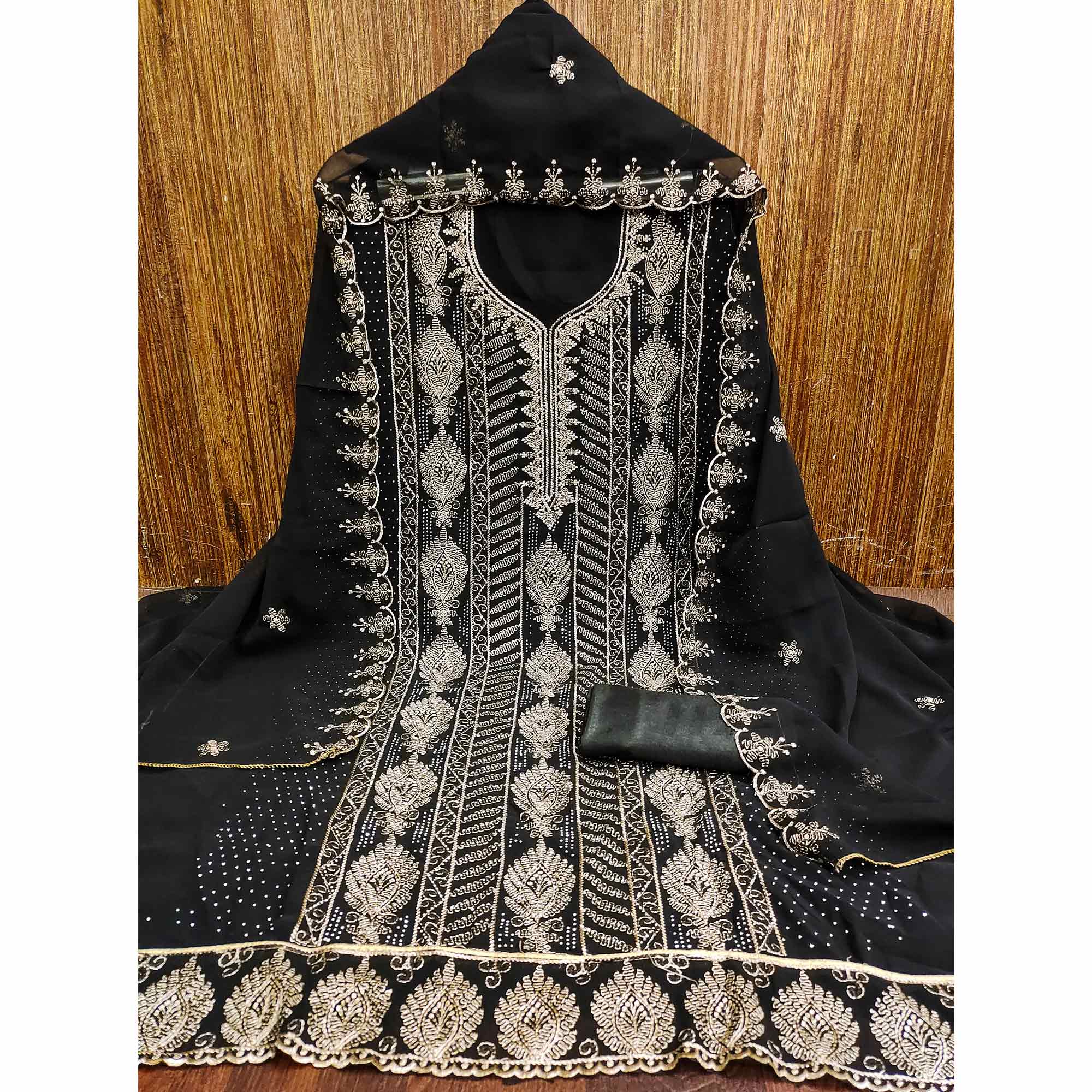 Heavy Thread Embroidered Black Georgette Unstitched Suit Material - Image 3