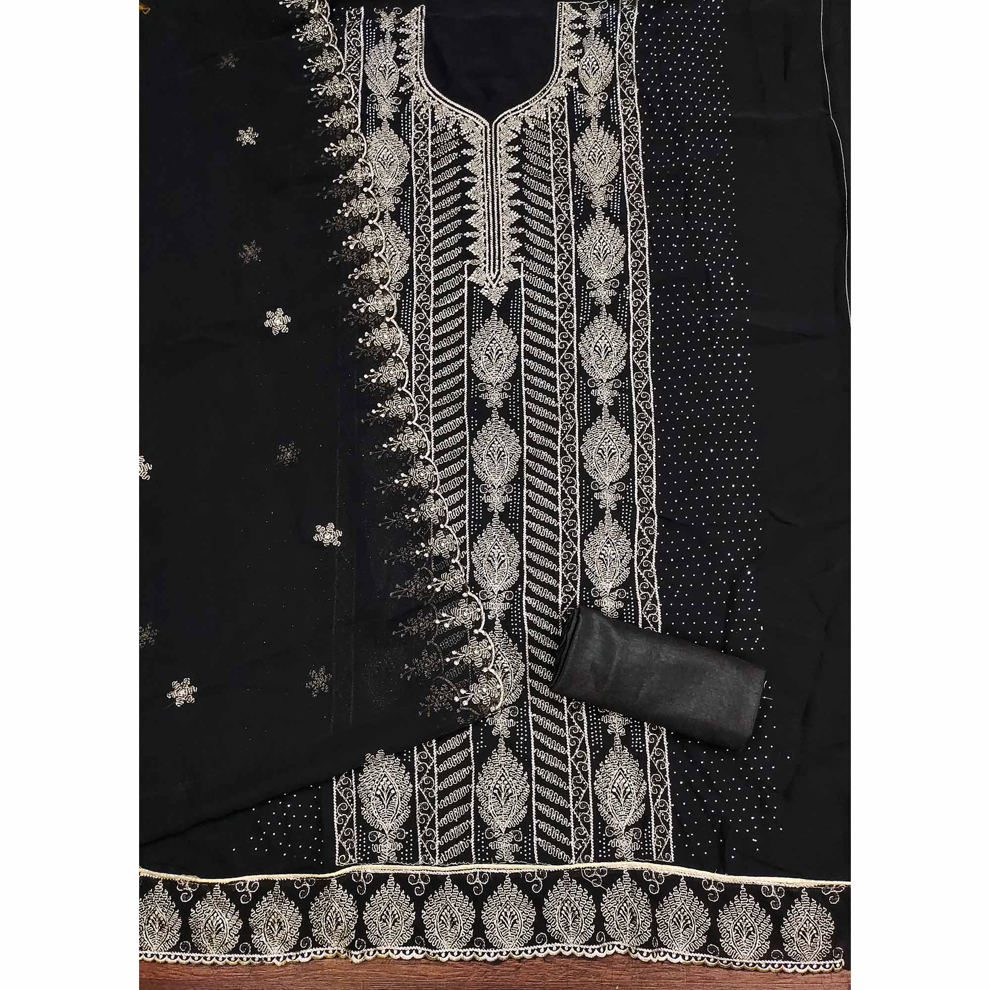 Heavy Thread Embroidered Black Georgette Unstitched Suit Material - Image 4