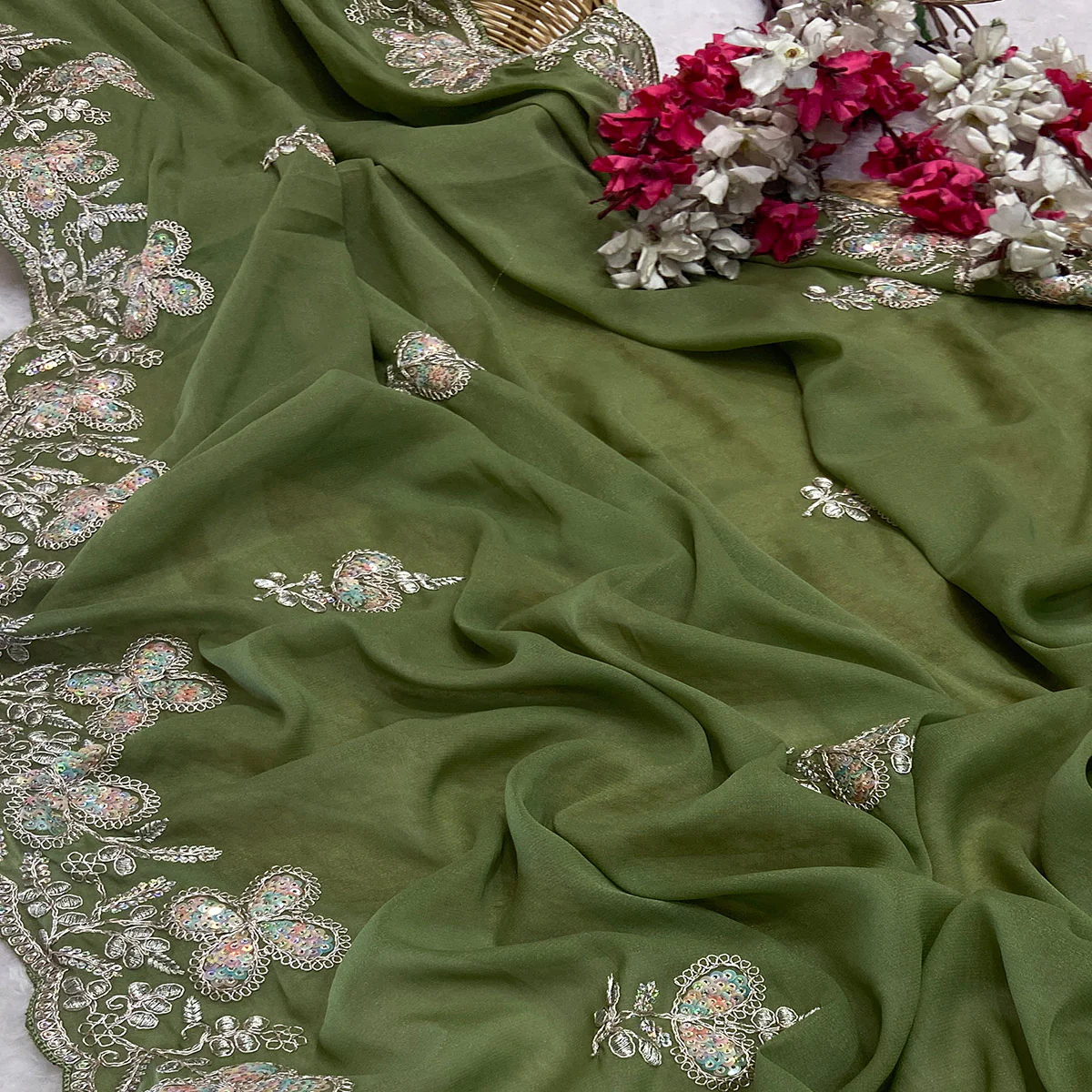 Heavy Thread Embroidered Green Georgette Saree for Party Wears - Image 2