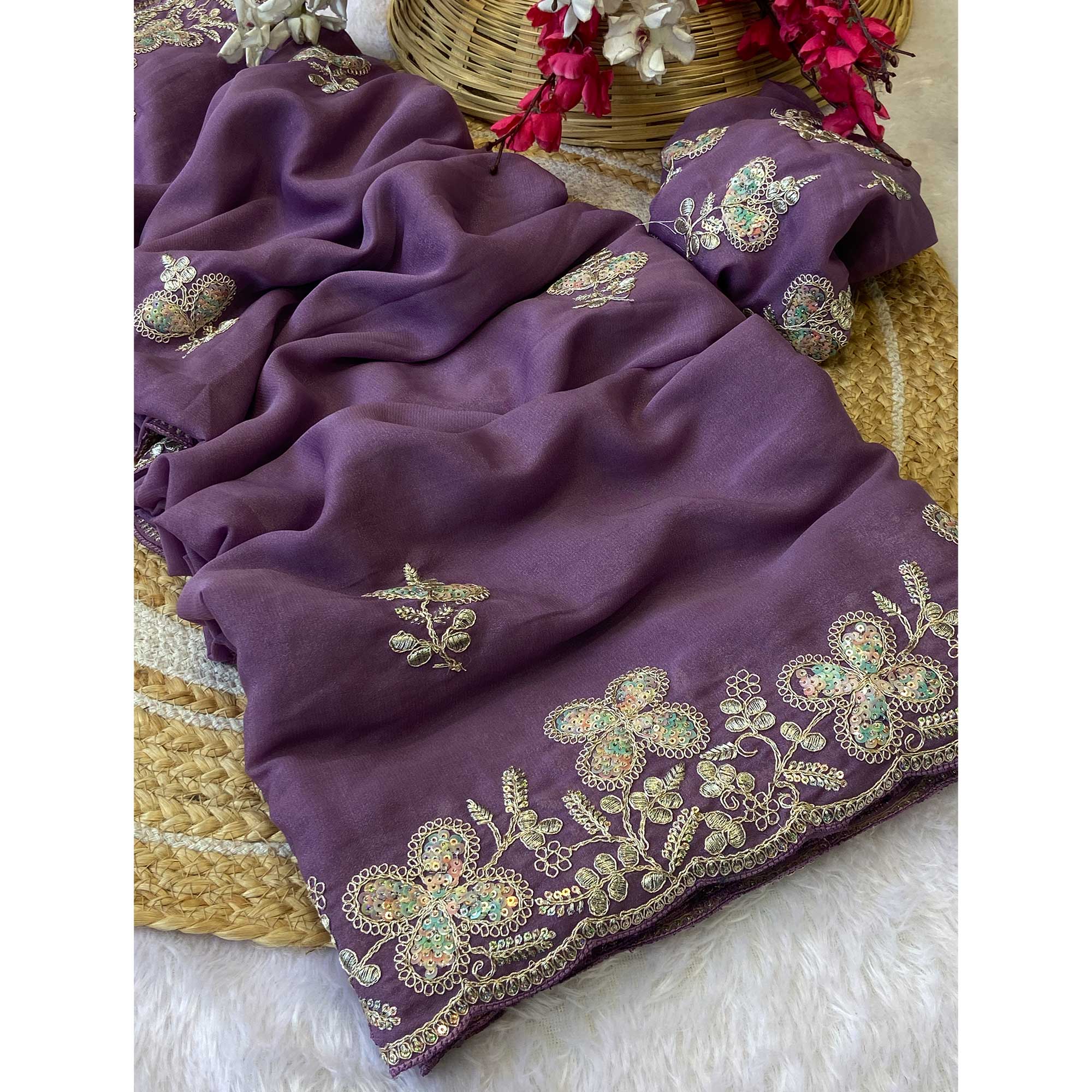 Heavy Thread Embroidered Lavender Georgette Saree for Party Wears - Image 3