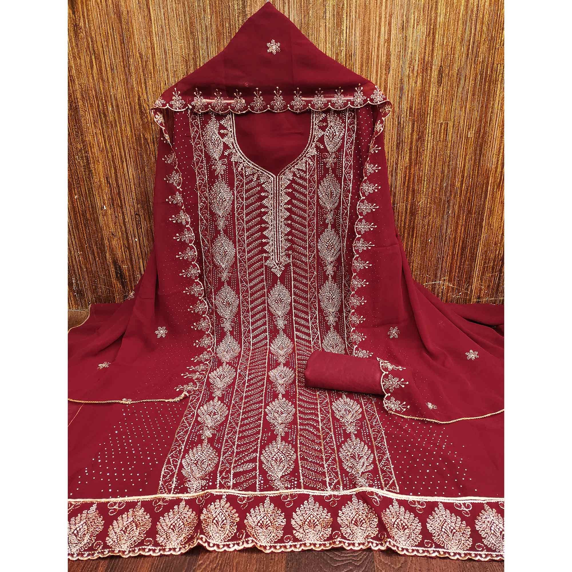 Heavy Thread Embroidered Maroon Georgette Unstitched Suit Material - Image 3