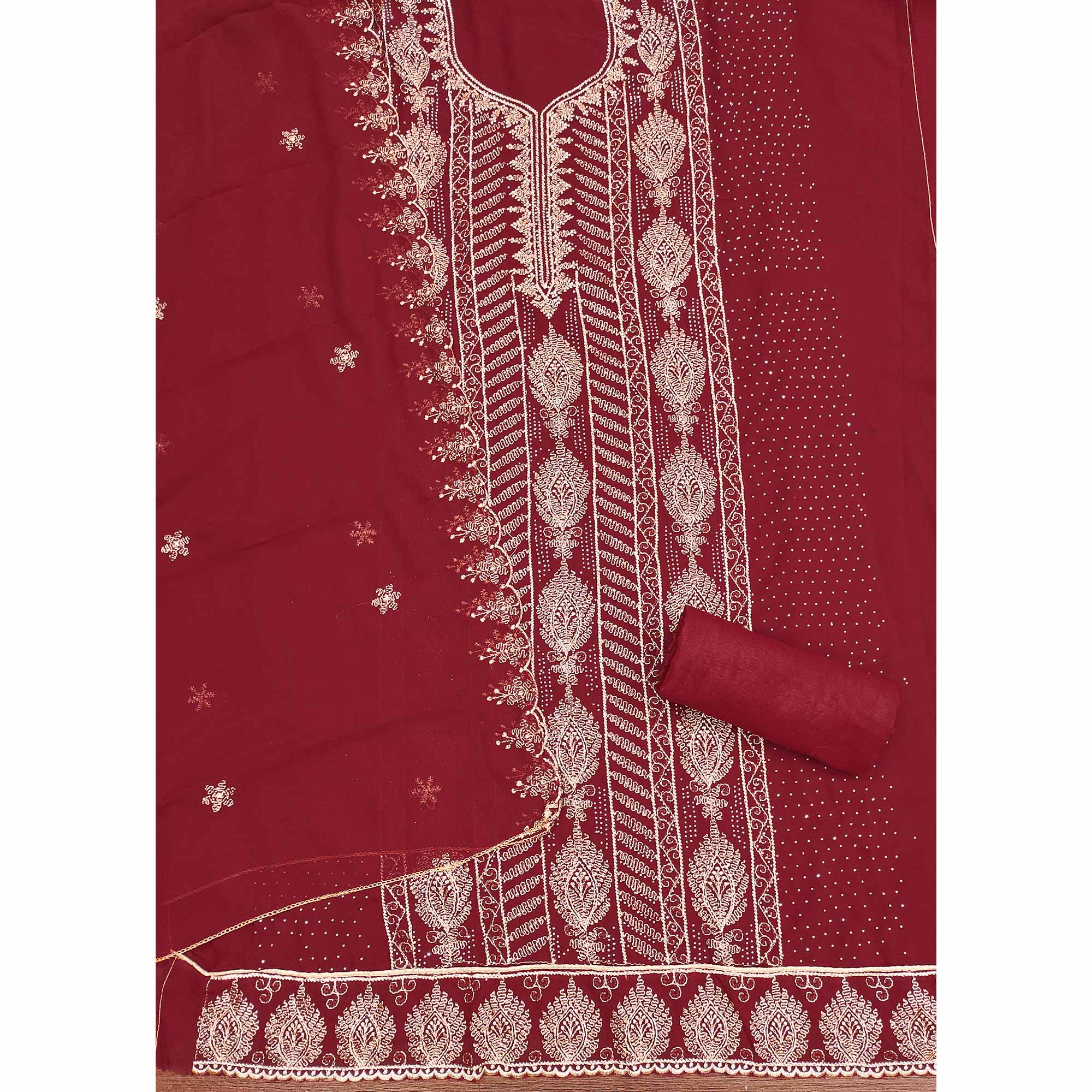 Heavy Thread Embroidered Maroon Georgette Unstitched Suit Material - Image 4