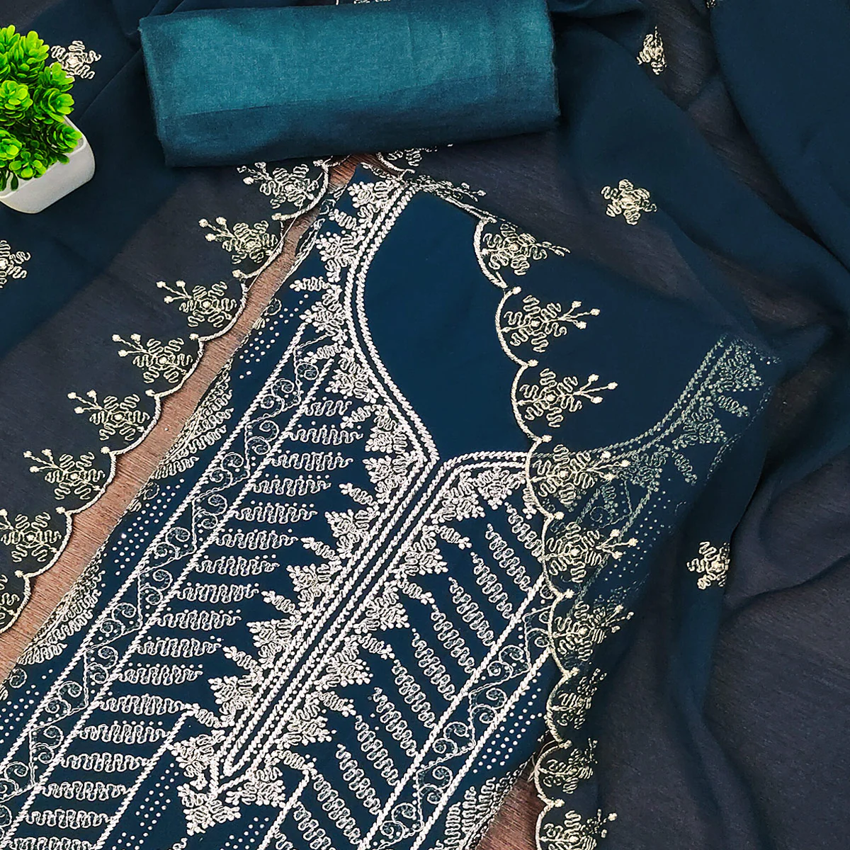 Heavy Thread Embroidered Teal Georgette Unstitched Suit Material - Image 2